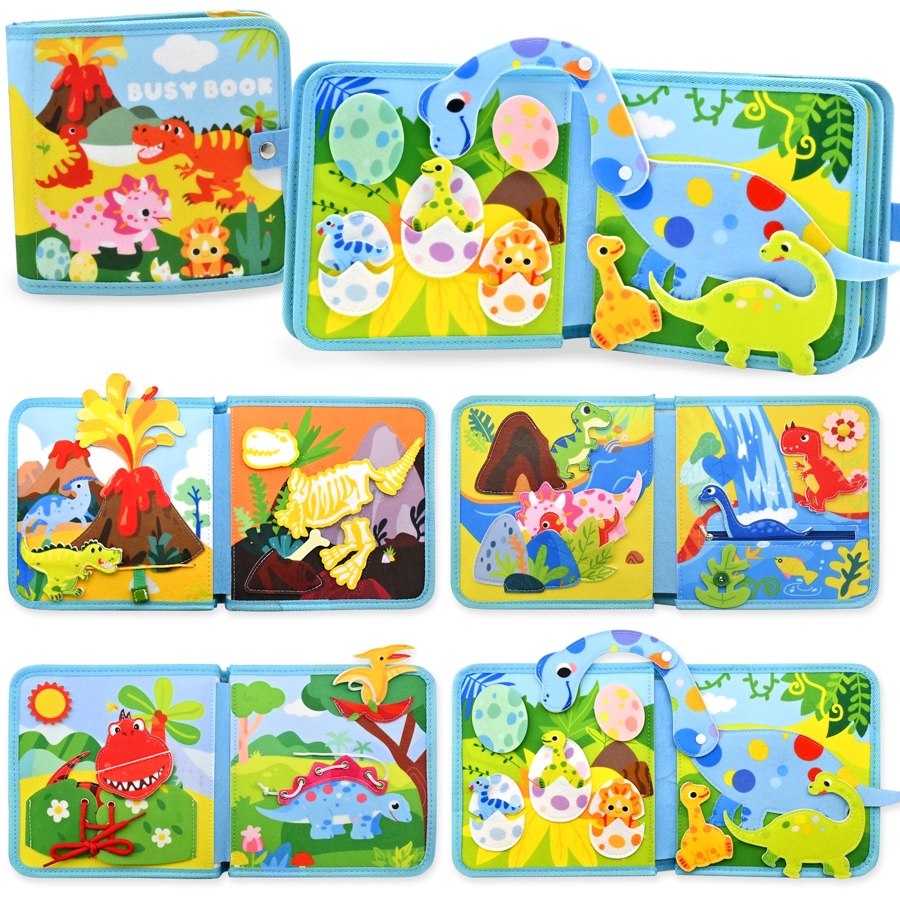 Busy Board od 1, 2, 3 lata, motyw dinozaurów, zabawka, zabawka Montessori, do podróży, samochodu, samolotu, zajęć edukacyjnych dla małych dzieci, busy Book prezent urodzinowy