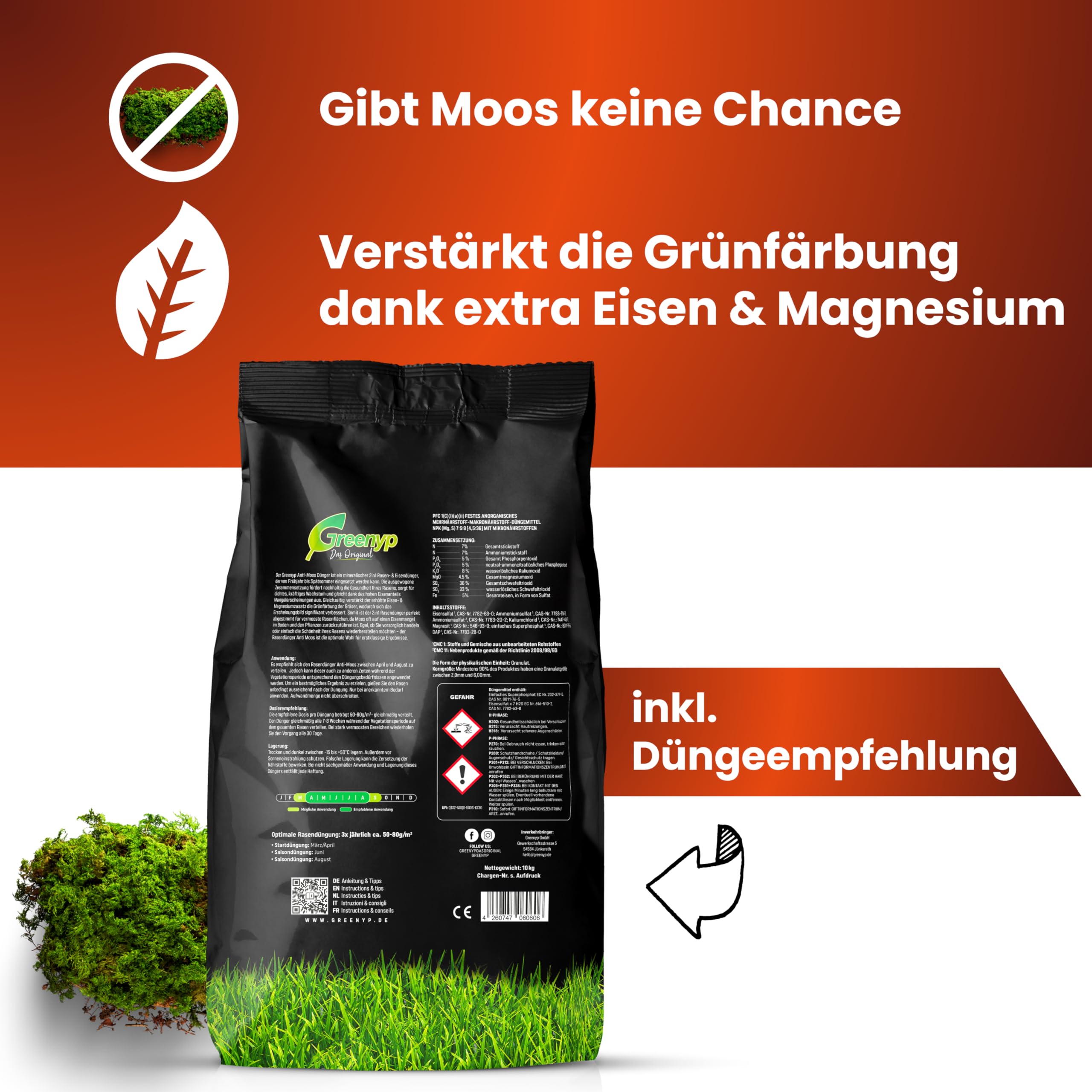 Greenyp Anti Moos Rasendünger I 2in1 Rasen- & Eisendünger 30kg für 600m² | Für Rasenflächen mit Moos | Rasendünger + Eisensulfat granuliert, streuwagengeeignet und staubarm für Frühjahr bis Spätsommer
