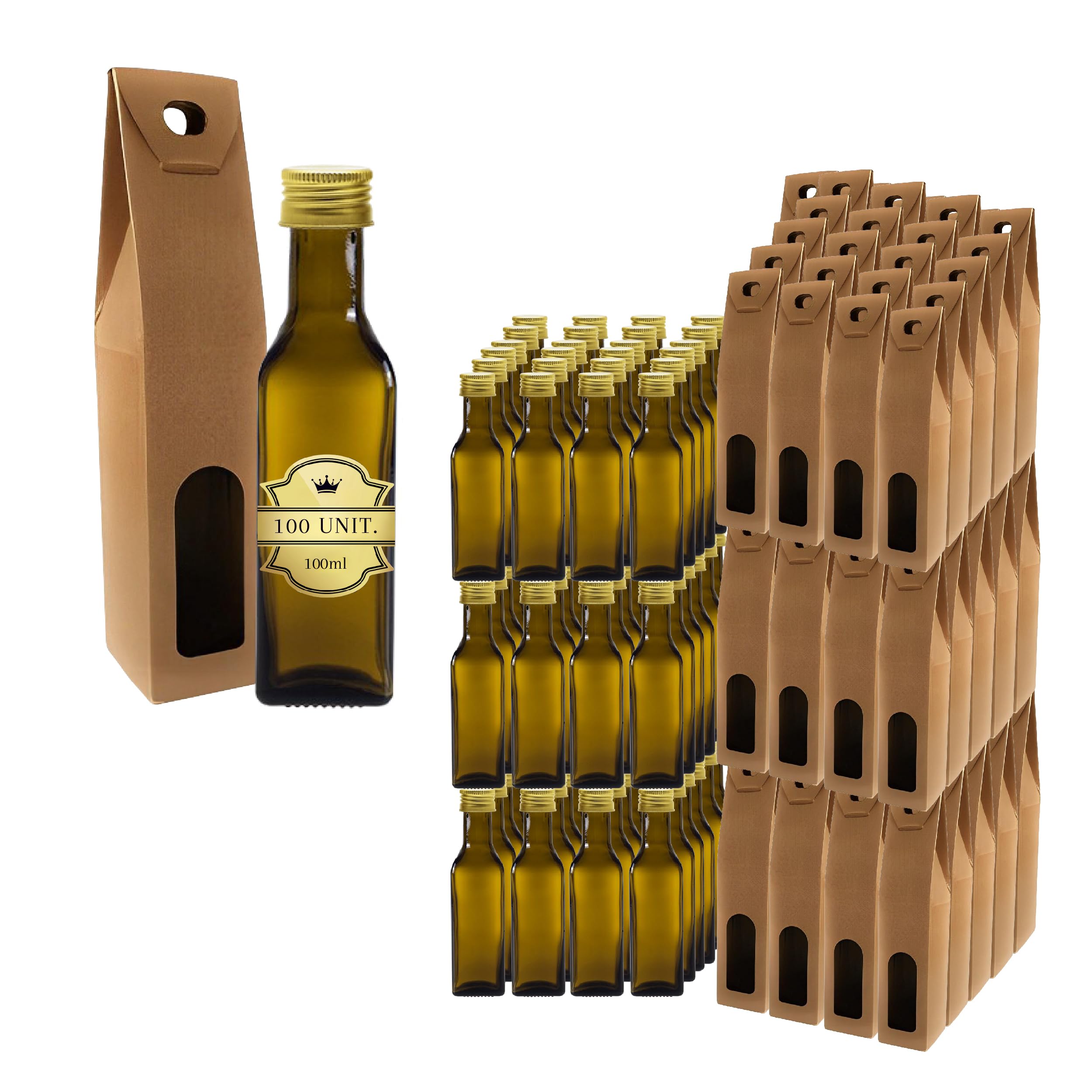 100 mini botellas de cristal oscuro de 100 ml con tapón de rosca dorado + 100 cajas – botellas pequeñas para aceite de oliva, vinagre, alcohol – frasco para muestras