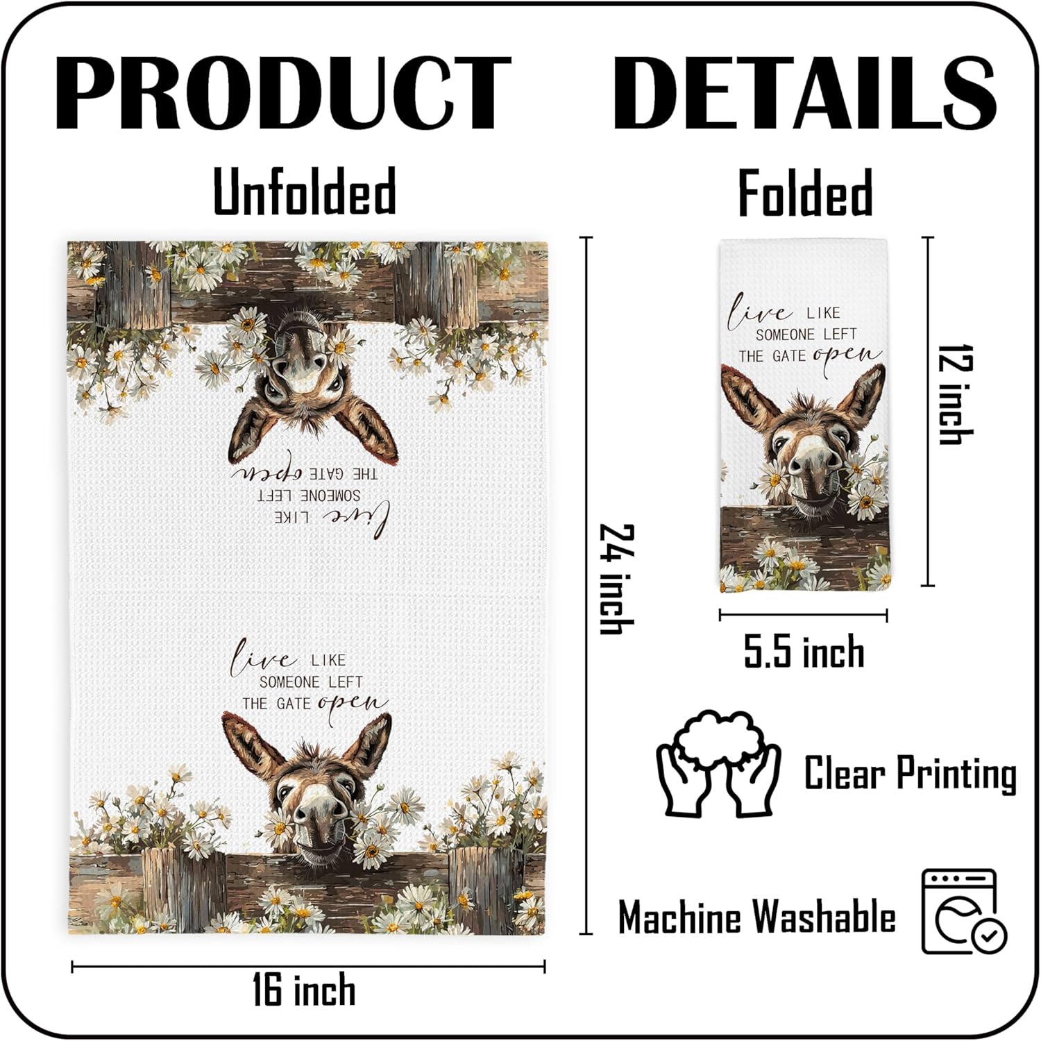 Funny Farmhouse Donkey Kitchen Dish Towels, Farmers Gifts for Men Women Farm House, Live Like Someone Left The Gate Open Hand Towels for Bathroom Kitchen Decor, Donkey Gifts, 16x24 Inches - Image 7
