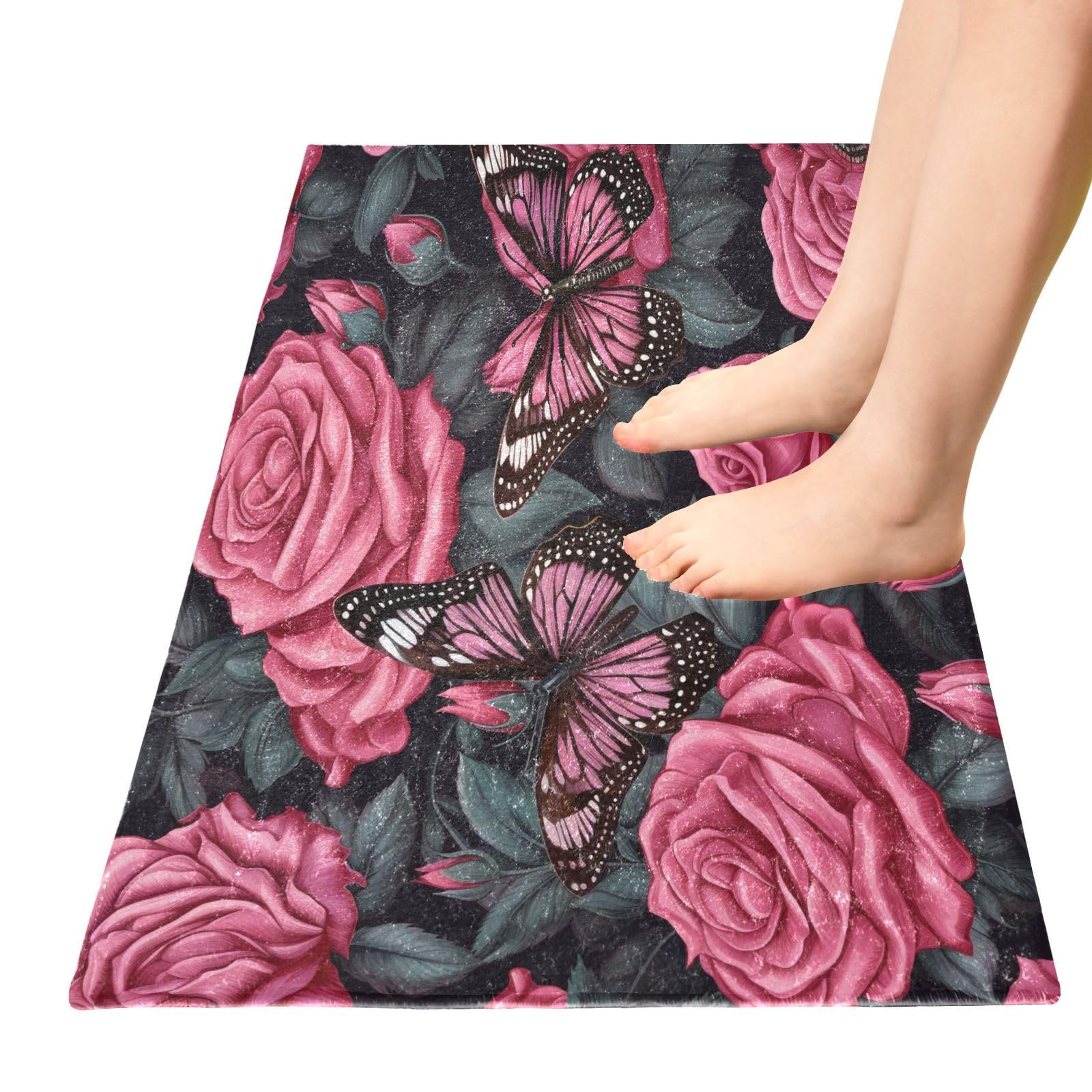 Door Mat Indoor Entrance, Super Absorbent Microfiber Door Mat, Non-Slip Washable Pet Rug, Entryway Carpet, Butterfly Rose Flower Machine Washable Outdoor mat, 20