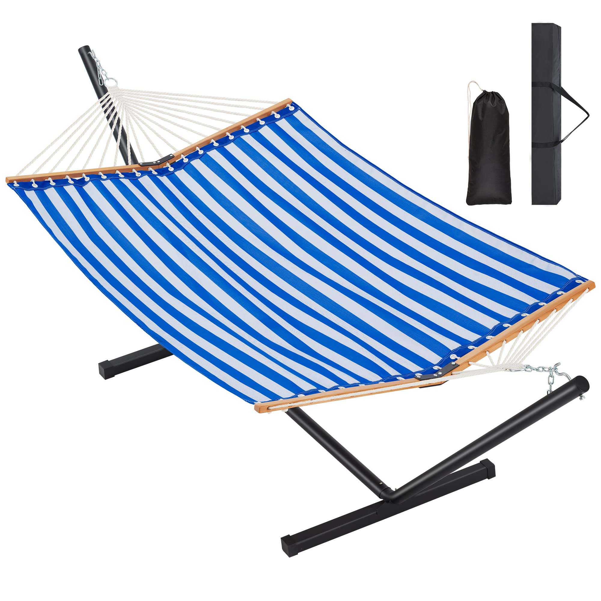 Two Person Hammock with Stand Heavy Duty, Outdoor Patio Hammock with Portable Steel Stand, Large Double Hammocks with Quick Dry Textilene Fabric,480lbs Capacity.(Blue White)