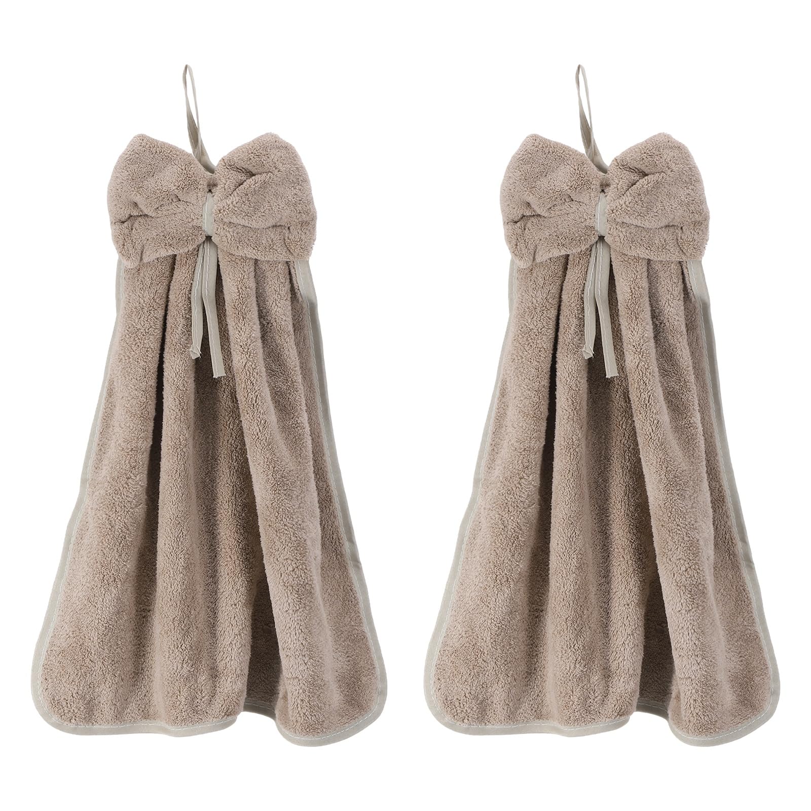 sourcing map 2Pcs Bow Hand Towels with Hanging Loop, 14.2" x 12.2" Soft Coral Fleece Microfiber Bowknot Hanging Hand Dry Towels Quick Dry and Washable for Home Bathroom Kitchen, Brown