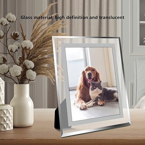 Vista 11 de Vienrose Juego de 2 portarretratos de 8 x 10 pulgadas, marcos de fotos de vidrio transparente con borde plateado, pantalla horizontal o vertical