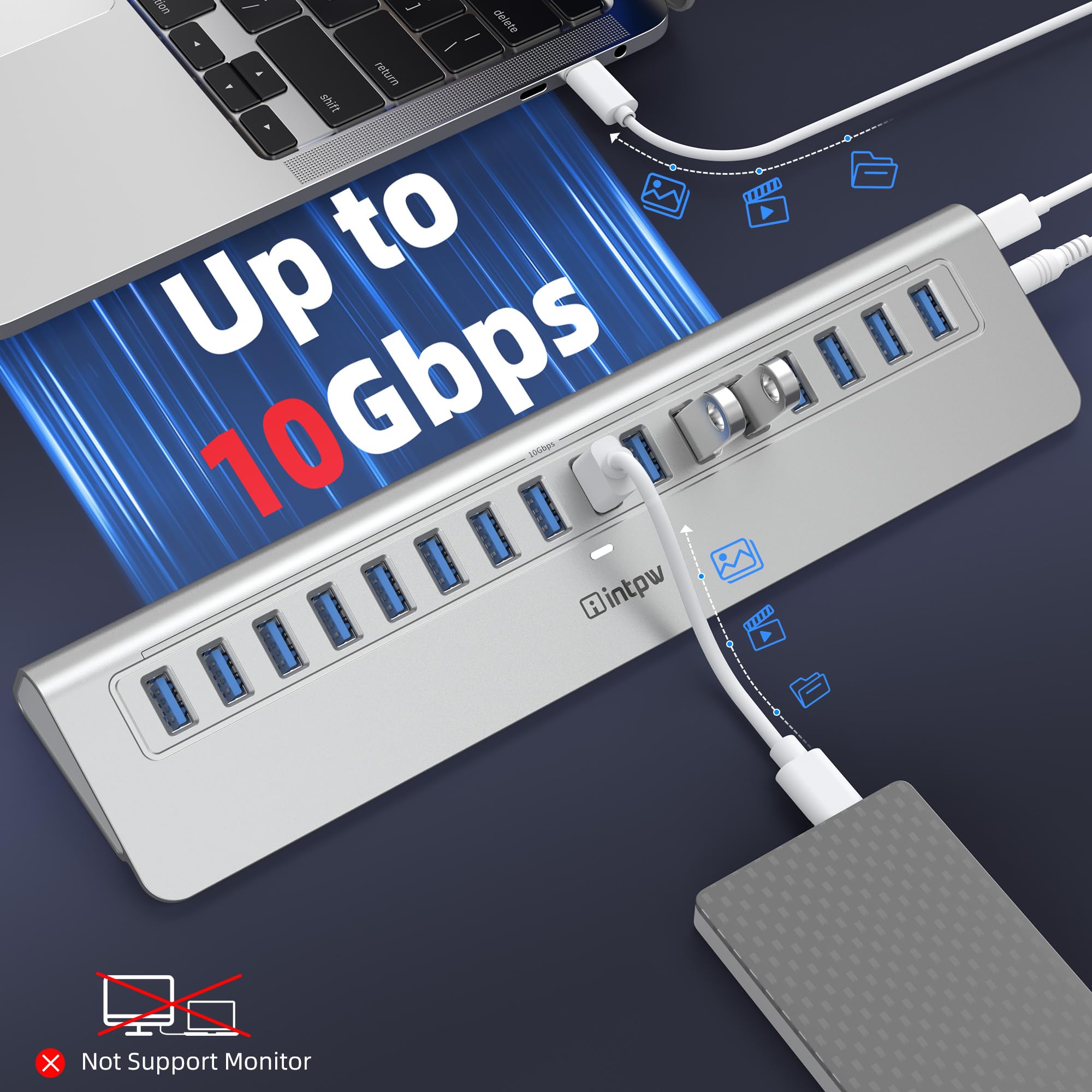 Hub USB alimenté 10 Gbit/s, concentrateur USB 3.2/USB A 16 ports intpw (16 x USB-A 3.2), hub USB alimenté avec adaptateur d'alimentation 65 W, câble de 90 cm, hub USB en aluminium pour PC/ordinateur