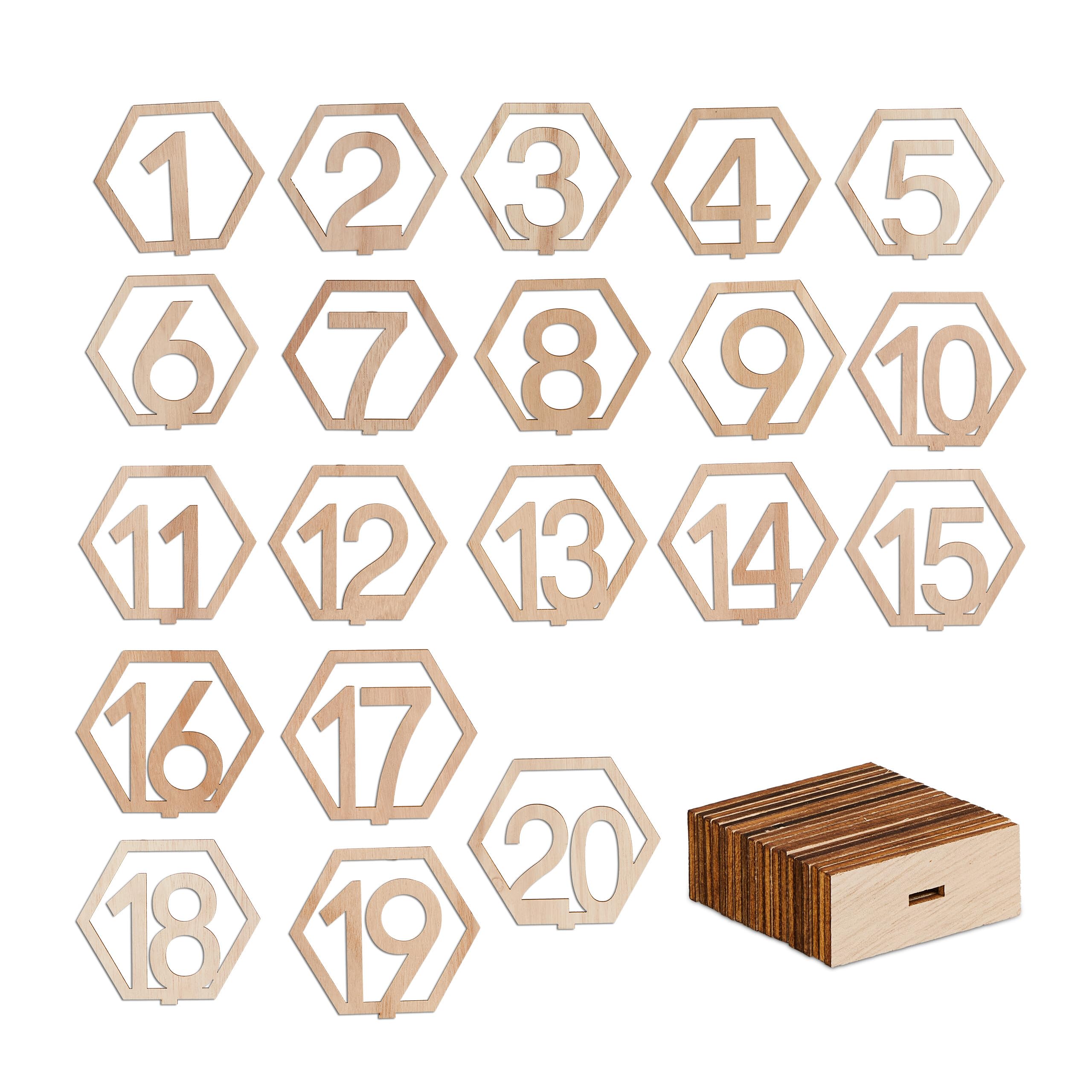Relaxdays Números Mesa Bodas, Etiquetas Numeradas 1-20 Eventos, Carteles Hexagonales, 10x11x2,5cm, Madera, Natural