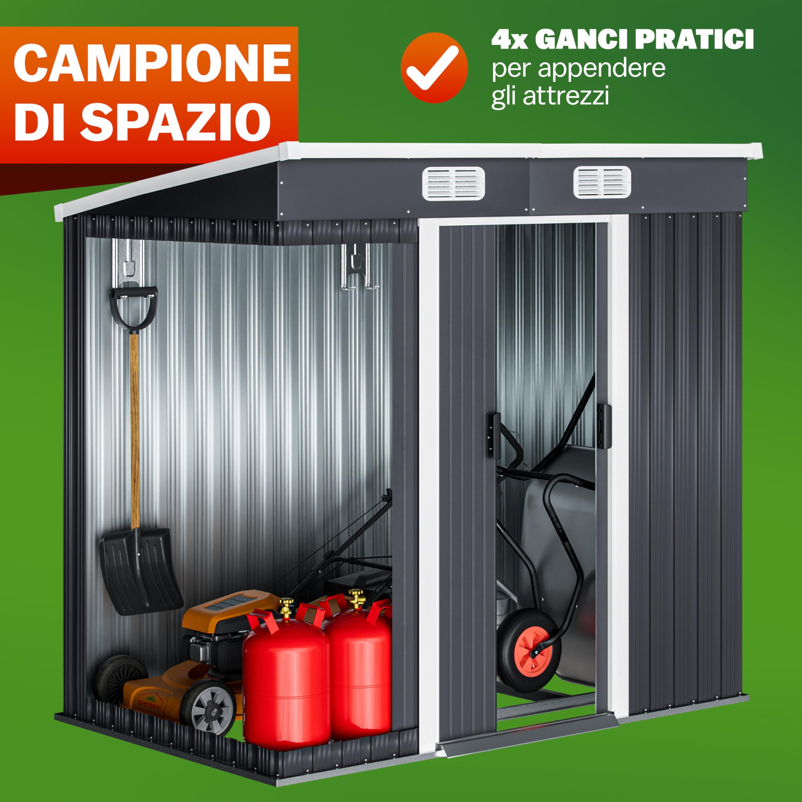 GARDEBRUK® Casetta da Giardino Capanno Attrezzi Giardinaggio in Metallo 2m² con Fondamenta 200x125x180cm Porta Scorrevole Casetta per Attrezzi verde Capanna da Esterno 4m³