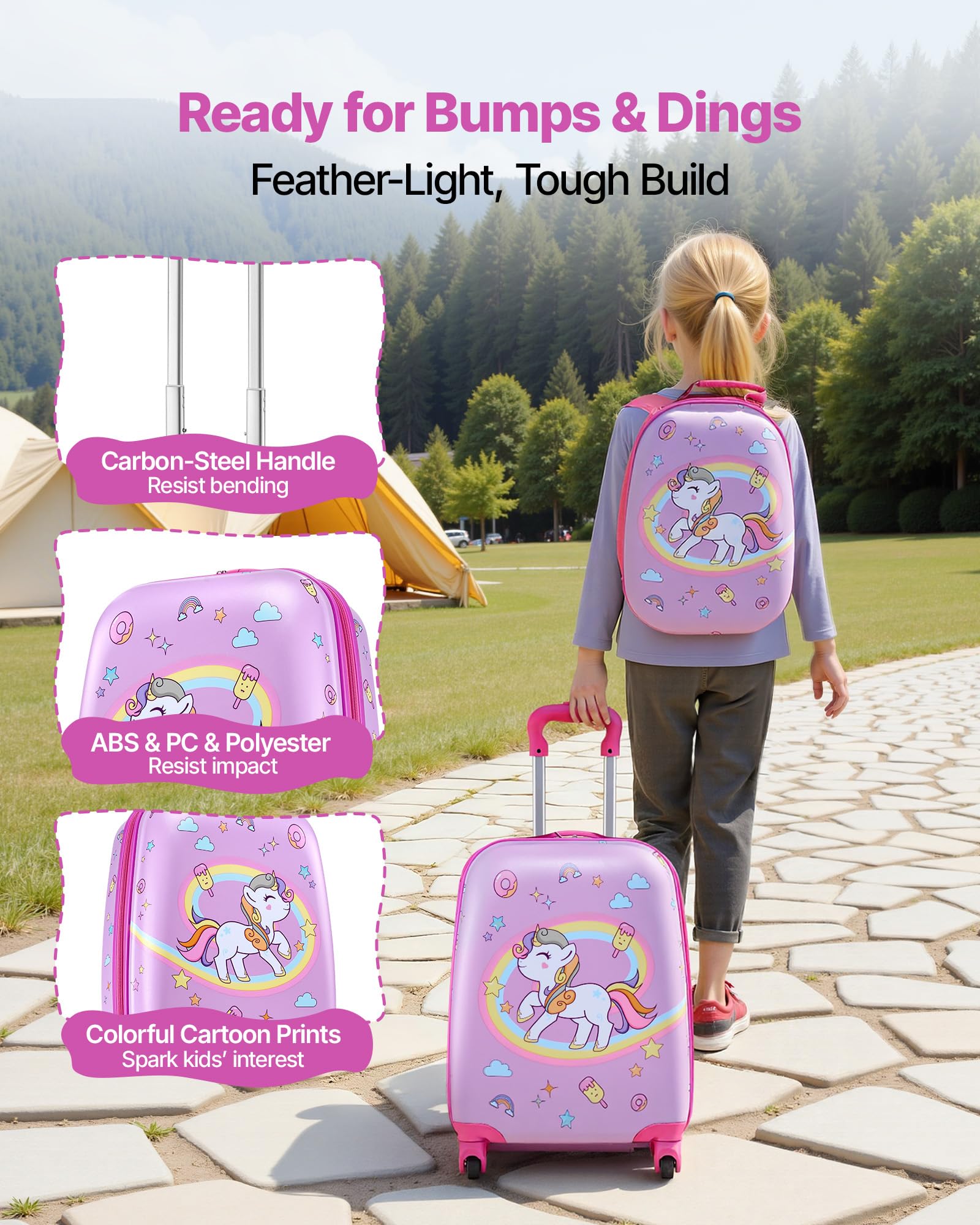 VEVOR Valise Enfant 32x23x45 cm Bagage Enfant 2 PCS avec Valise Cabine à roulettes Pivotantes pour Enfants Fille Garçon et Sac à Dos Coque Rigide Motif Licorne, Approuvée par Compagnies Aériennes