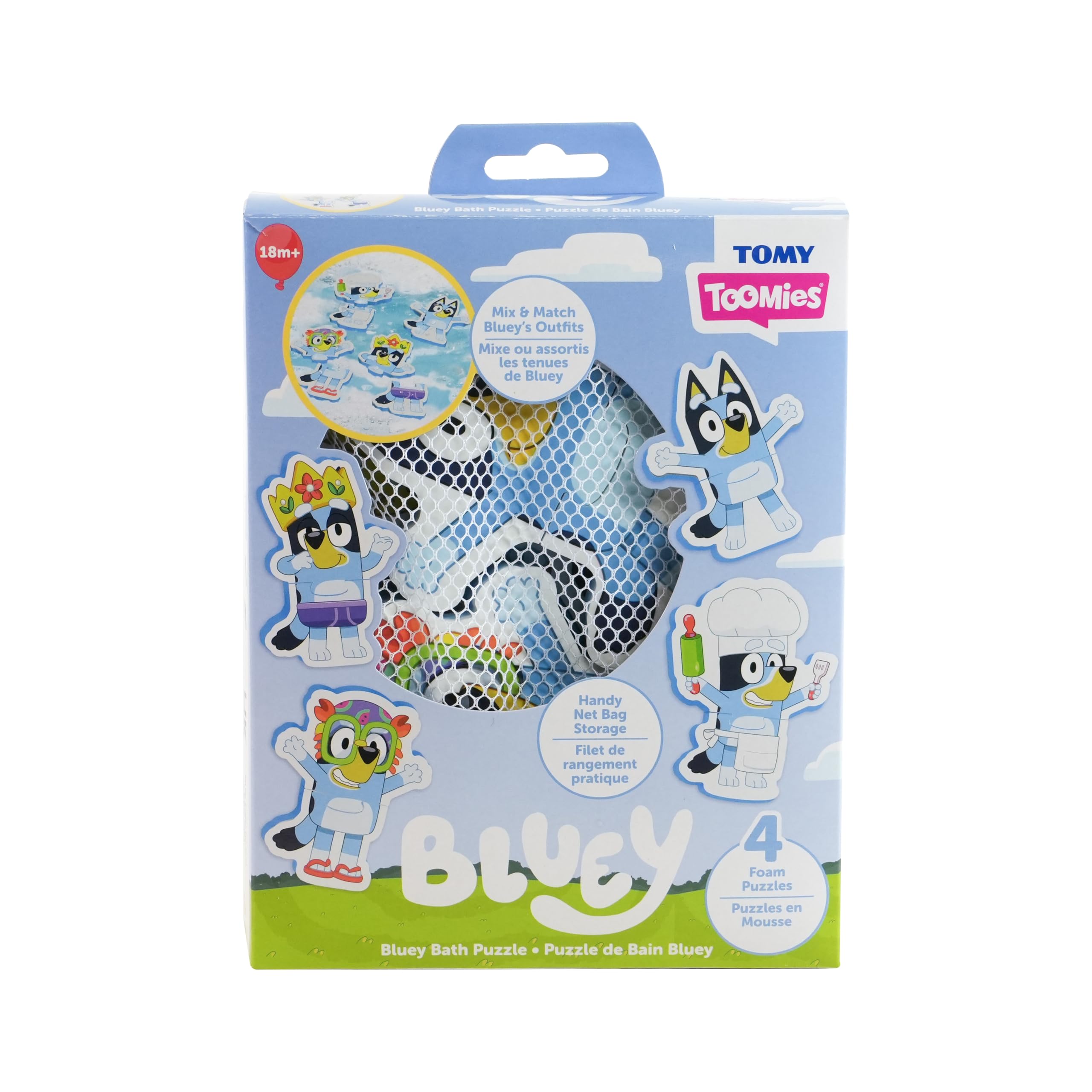 Tomy Toomies Puzzle de Bain Bluey – Jeu de Puzzle en Mousse de 8 Pièces avec Poses Bluey à Mélanger, Non Toxiques et Adaptés à l’Eau, Inclus Sac de Rangement en Maille avec Ventouses, 18+ Mois