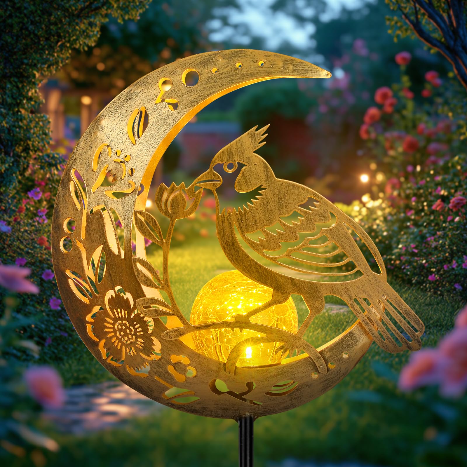 Solar Phoenix Bird Lights Outdoor - Moon Mythical Bird Garden Stake Lights Handcrafted Solar Powered Decor for Patio