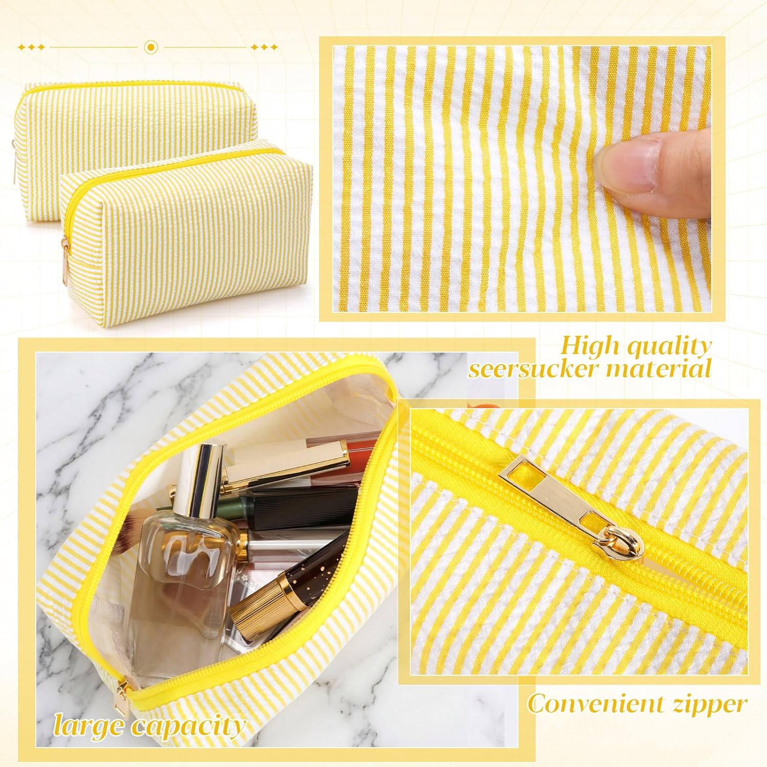 Sanwuta 6 Pcs Seersucker Cosmetic Bags Bulk Seersucker Makeup Bags Stripe Women Pouch Large Preppy Storage Pouch Toiletry Travel Organizer for Wedding Bridesmaid Bride Favor Mom Gift (Yellow)