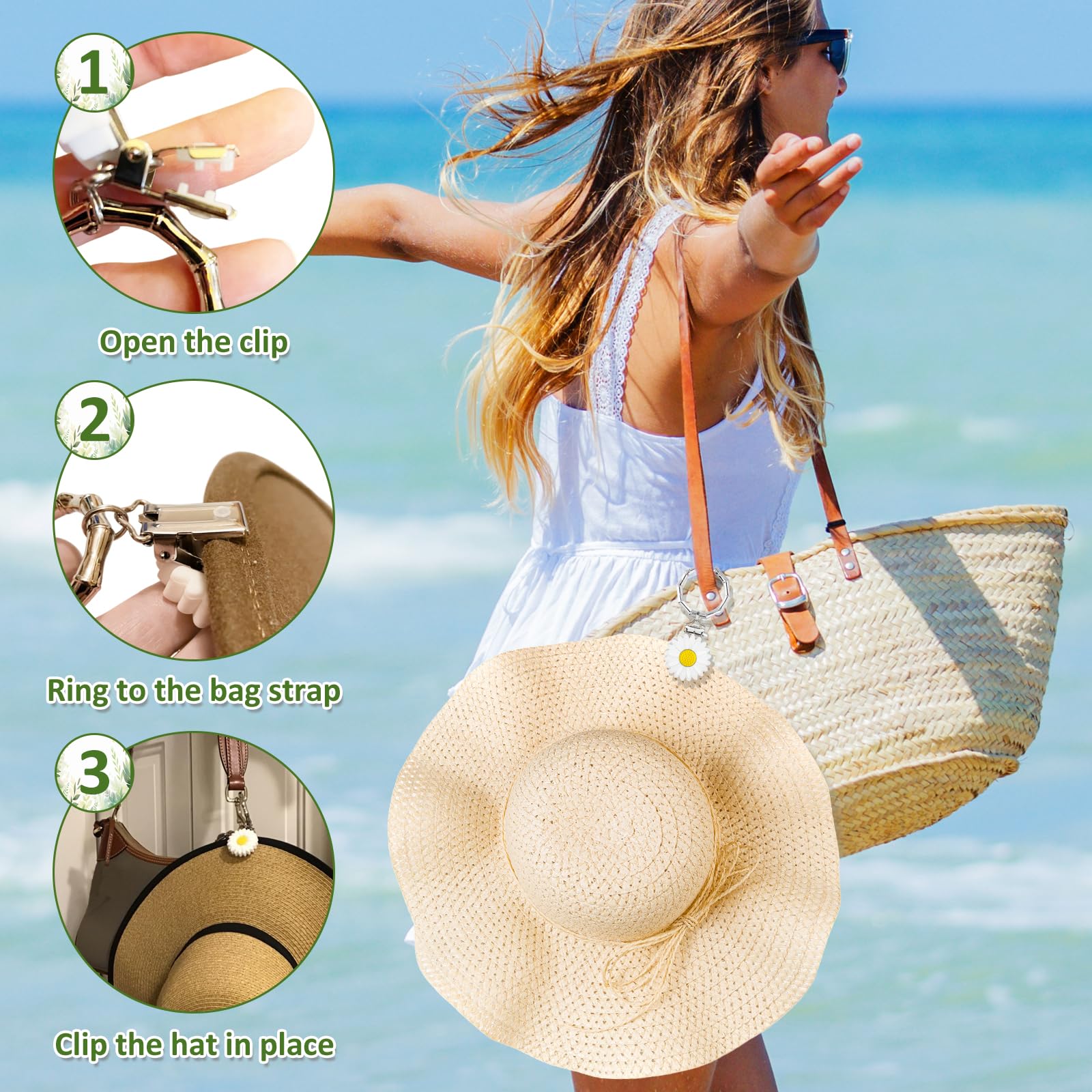 2 clips para sombreros para viajar en la bolsa: fija de forma segura los sombreros a bolsos, bolsos, equipaje, manos libres, evita pérdidas en la playa o salidas, Blanco, amarillo claro 4