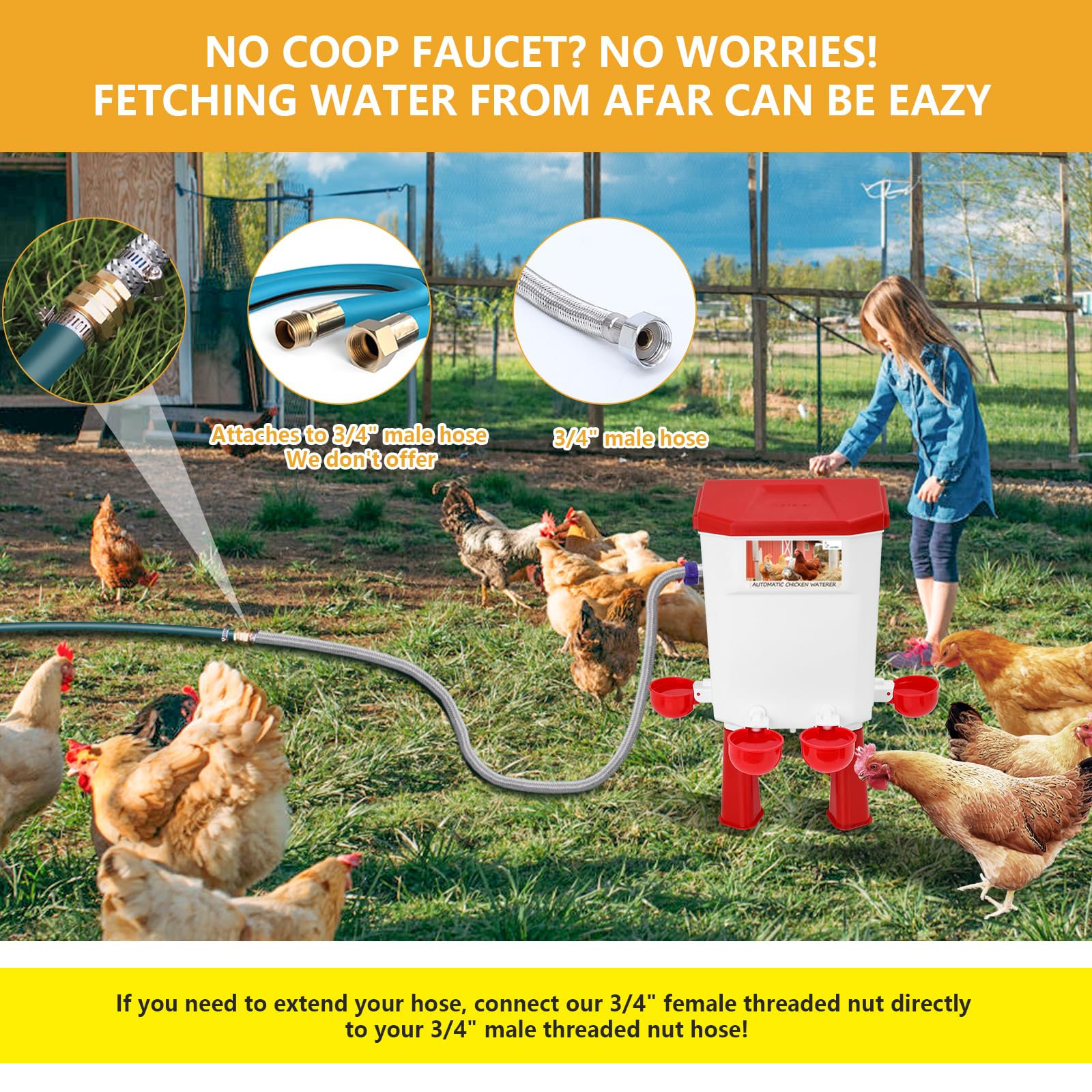 Lilyang Bebedero automático de pollo controlado por flotador para agua fresca continua, bebedero de pollo autollenado con manguera de agua de 60 pulgadas (un extremo de 3/4 pulgadas), adecuado para
