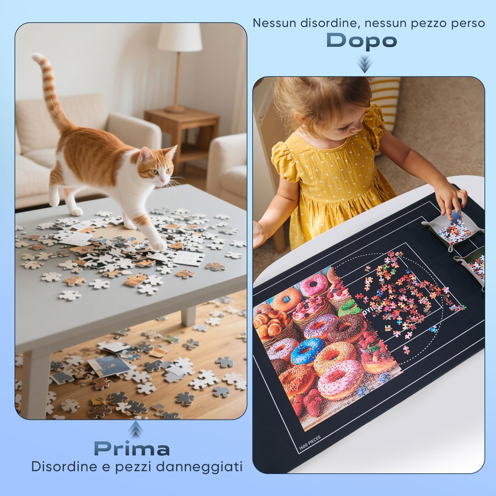 ZOYIDOUX Tappeto puzzle 1500 pezzi – Superficie liscia in poliestere, base antiscivolo in gomma, rotolo di schiuma, 6 vassoi di classificazione e borsa per il trasporto, Protezione efficace dei puzzle