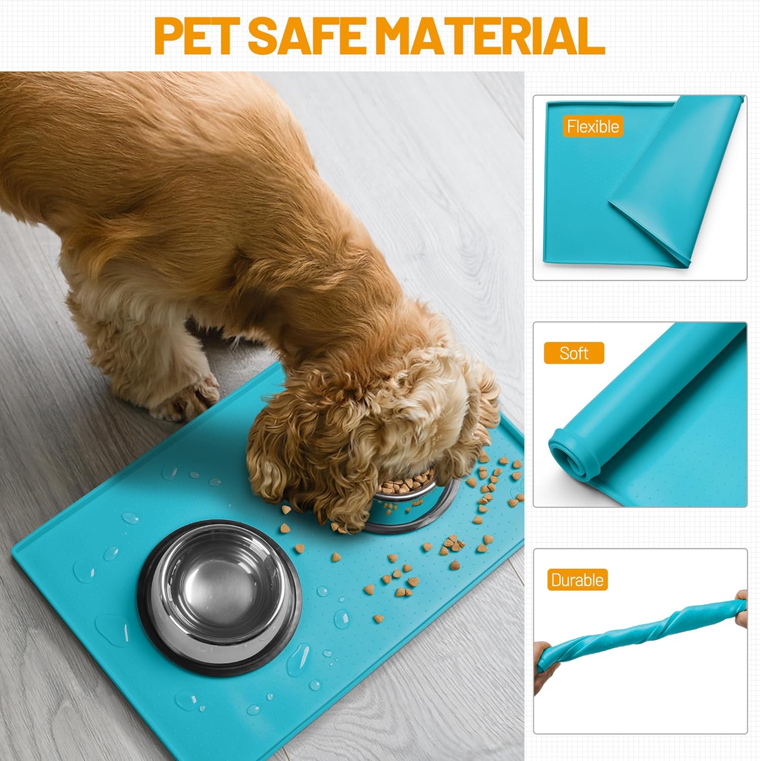 Hubulk Dog Feeding Mat,100% Waterproof Food Grade Silicone Pet Food and Water Bowl Placemat,Dishwasher, High Raised Edge to Prevent Spills,Nonslip Tray to Stop Messes on Floor (19"x12"x0.5", Teal) 19" x 12" x 0.5" Green(Teal) image 5 of 7 B01MFALAGW