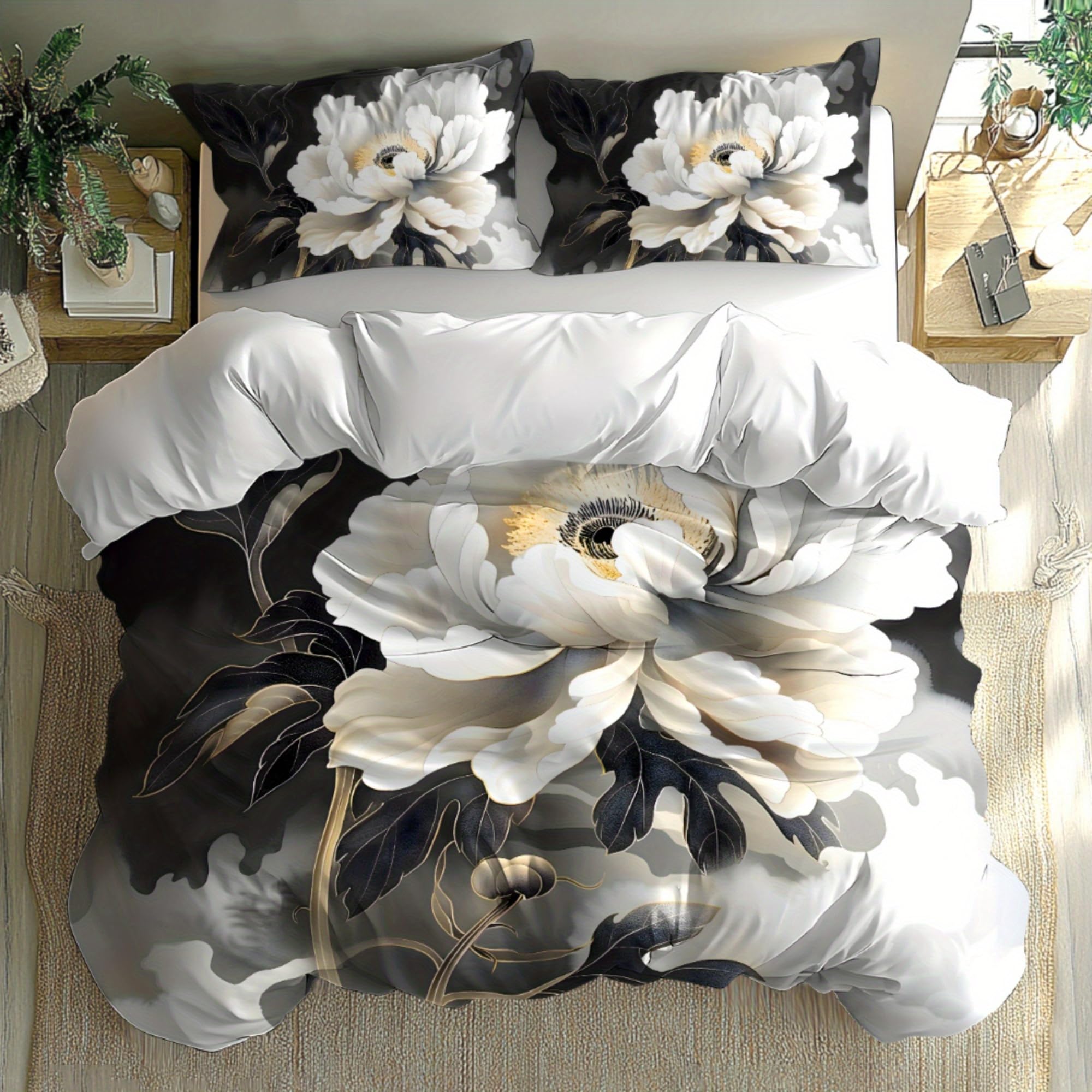 Parure de lit en coton hypoallergénique motif pivoine pour peau sensible