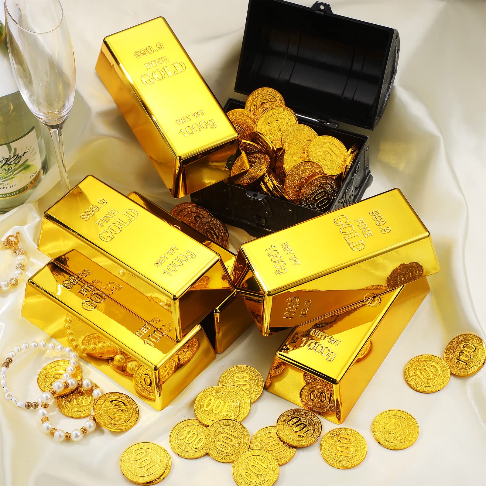100 Pcs Fake Gold Coin Pirate Coins and 6 Pcs Fake Gold Bar Replica Golden  Brick