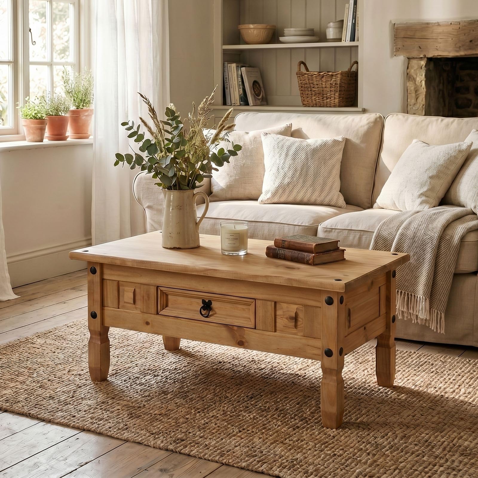 IDIMEX Table Basse Esteban en pin Massif Style Mexicain avec 1 tiroir, Table de Salon en Bois teinté/ciré avec 4 Pieds