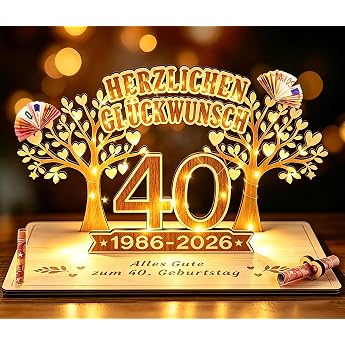 Giftota - 2026 Original Money Gift for 40th Birthday Women & Men - 40th Birthday Gift - DIY Wooden Sign Guest Book with LED Fairy Lights - 40th Birthday Decoration - Personalised Gift