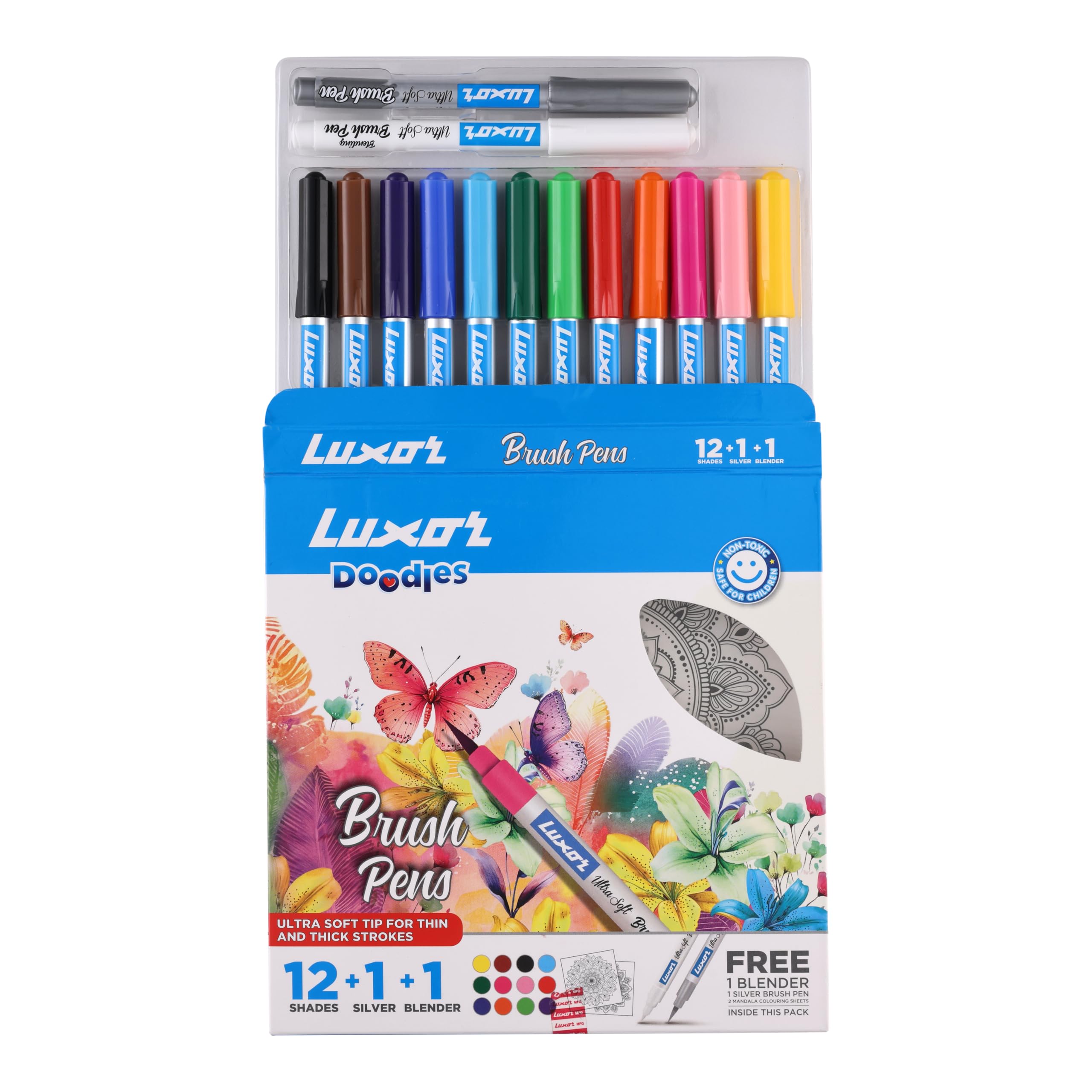 Luxor Doodles Brush Pens with FREE Mandala Art Kit | 13 Shades + Blender | Ultra Soft Tip for Calligraphy, Coloring & Doodling