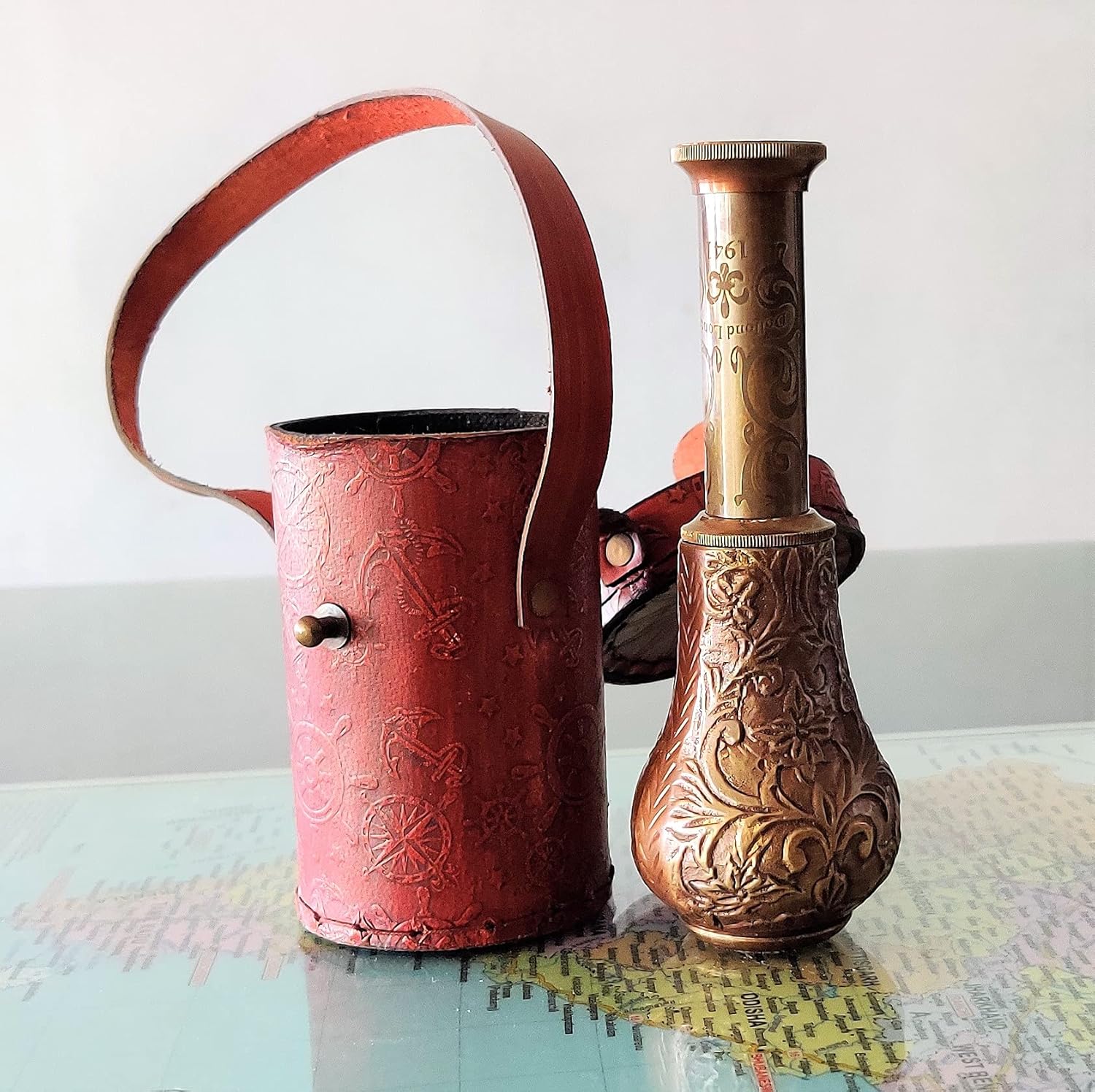 Brass Monocular with an Attractive Engraved Floral Head Telescope with Small Handy Leather Bag