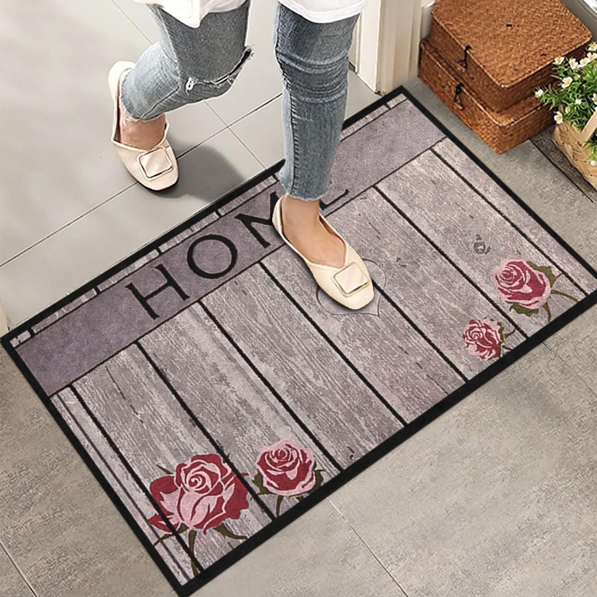Monnhein Kapı Önü Paspası - Modern ve Şık Kapı Paspası | Ev, Ofis ve Dış Mekân Kullanımı İçin (Gül Motifli Home) 45x65
