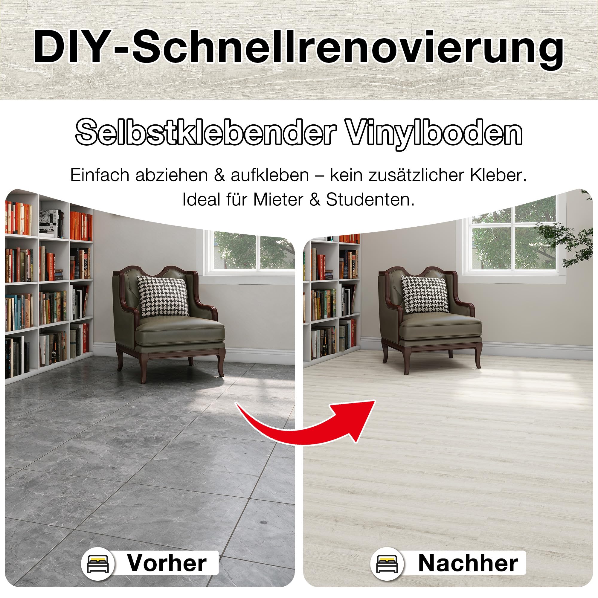 MULGREAT Dalle PVC Adhesive Sol - 16 pcs (2,23m²) Revêtement de Sol Bricolage - Lames Adhésives Vinyle Effet Grain de Bois - Imperméable et Découpable pour Locataire DIY - Blanc Thé