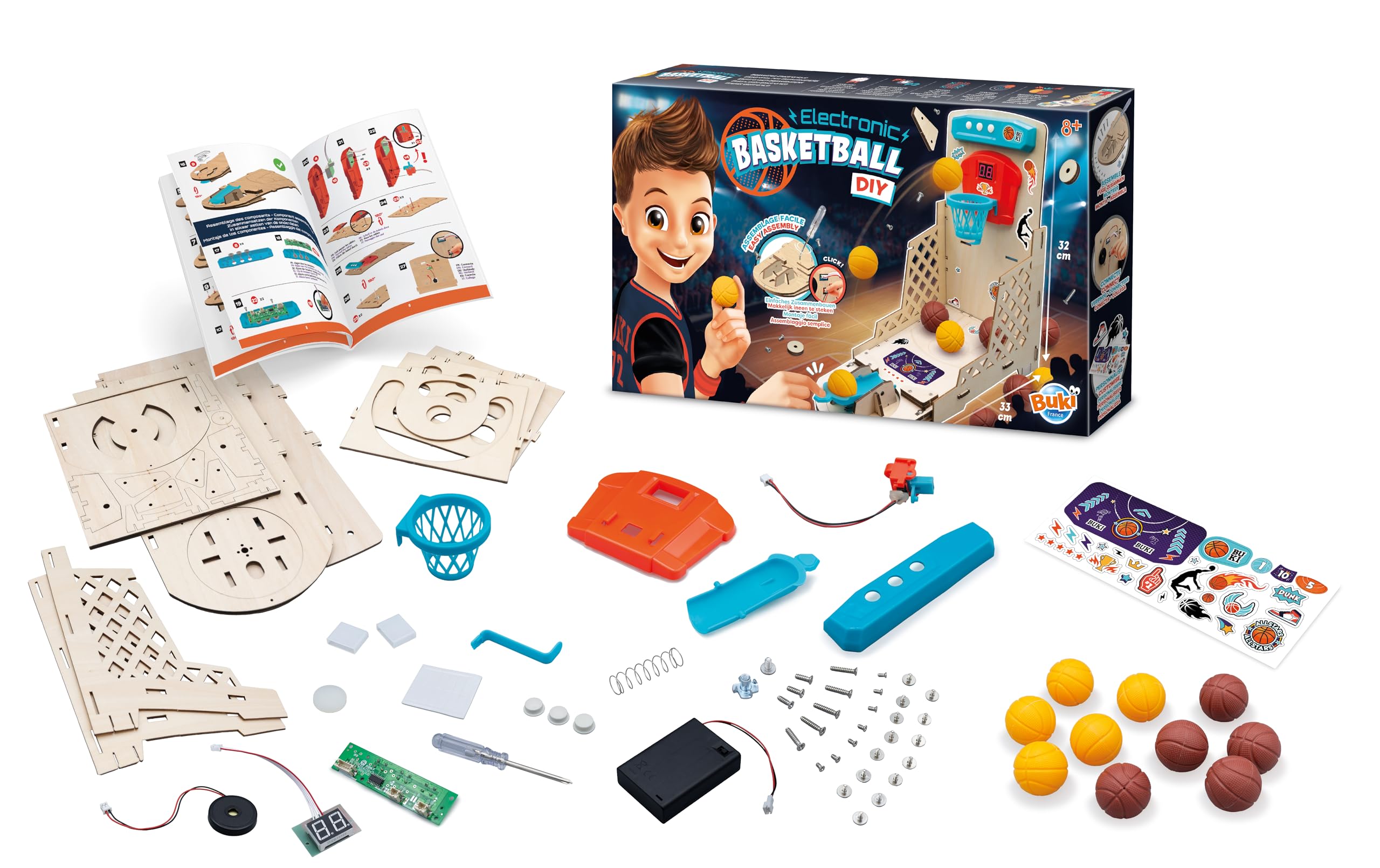 BUKI 2151 - Elektronischer Basketballkorb - DIY-Bausatz ab 8 Jahren – Ohne Löten montieren, 2 Spieler, 3 zusätzliche Geschicklichkeitsspiele enthalten – Maße 32×18×32 cm