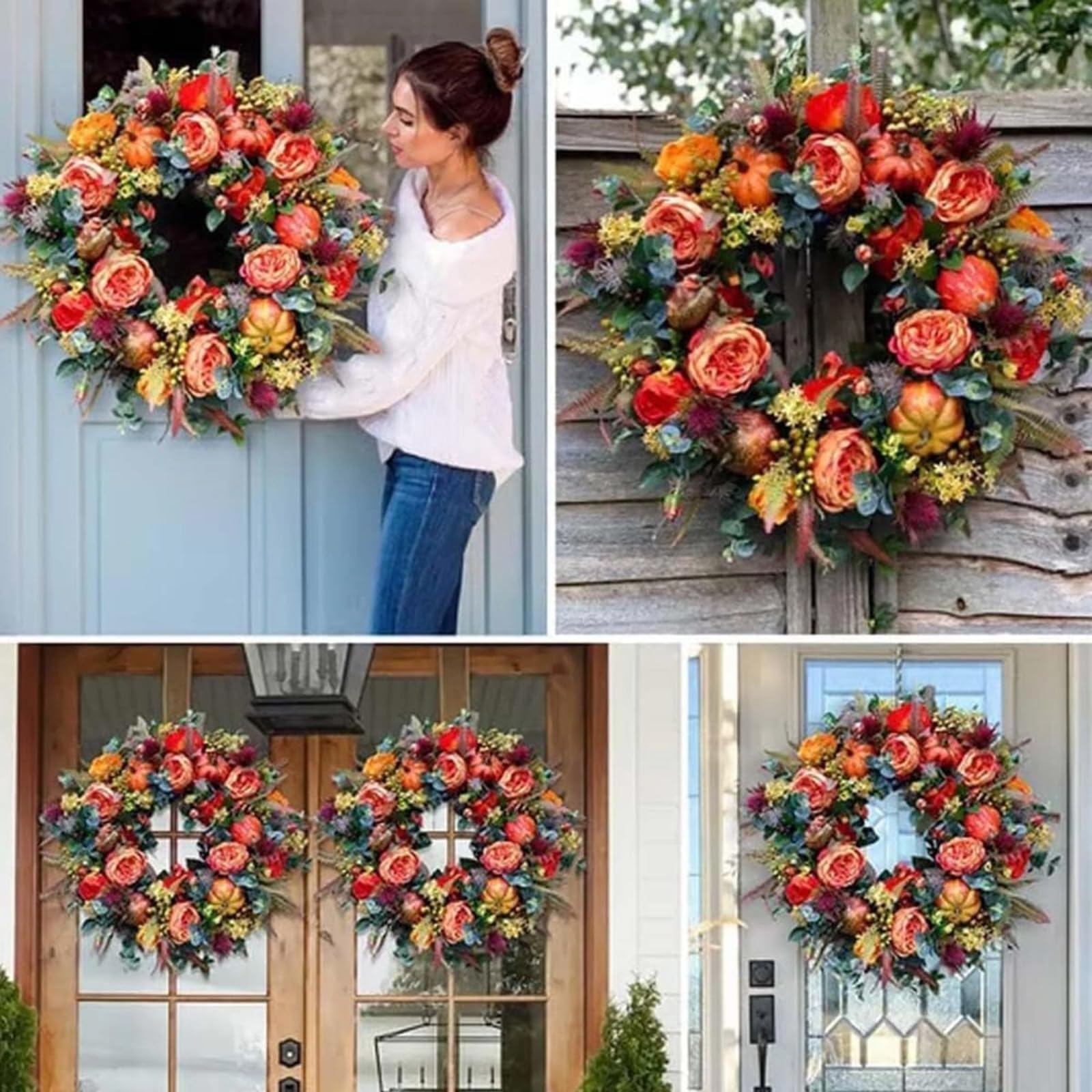 Ghirlanda Artificiale Autunnale Di Peonie E Zucche Da Porta D'entrata