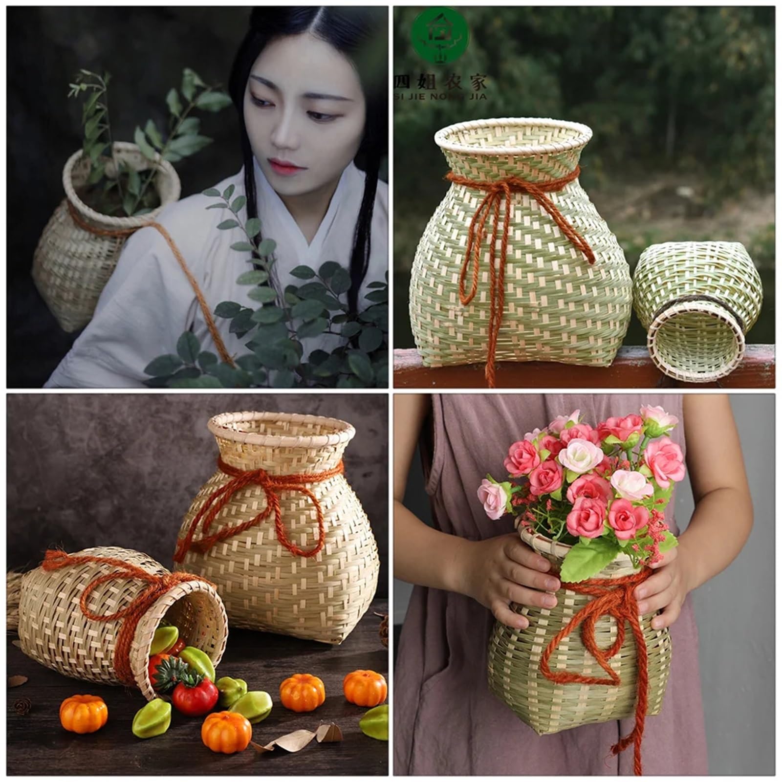 Cache Pot en Osier Panier de Fleurs en Osier et rotin tissé, paniers Rangement jonc mer, Pot Ferme, jardinière Pique-Nique(14X10X10CM)