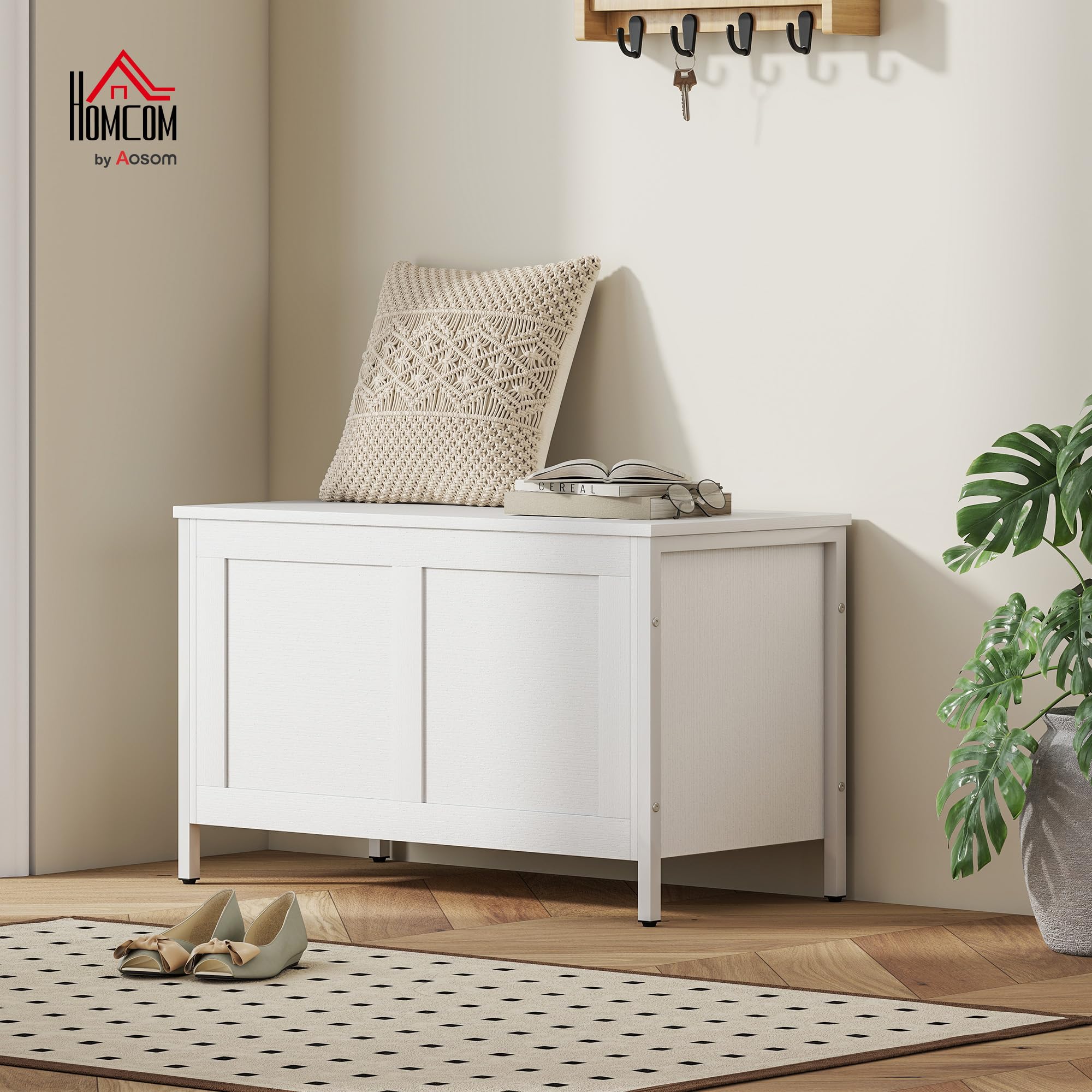 HOMCOM Camera da letto Cassapanca 95 L Panca di stoccaggio con coperchio Cerniera di sicurezza per corridoio Soggiorno 80x40x50 cm Bianco venato
