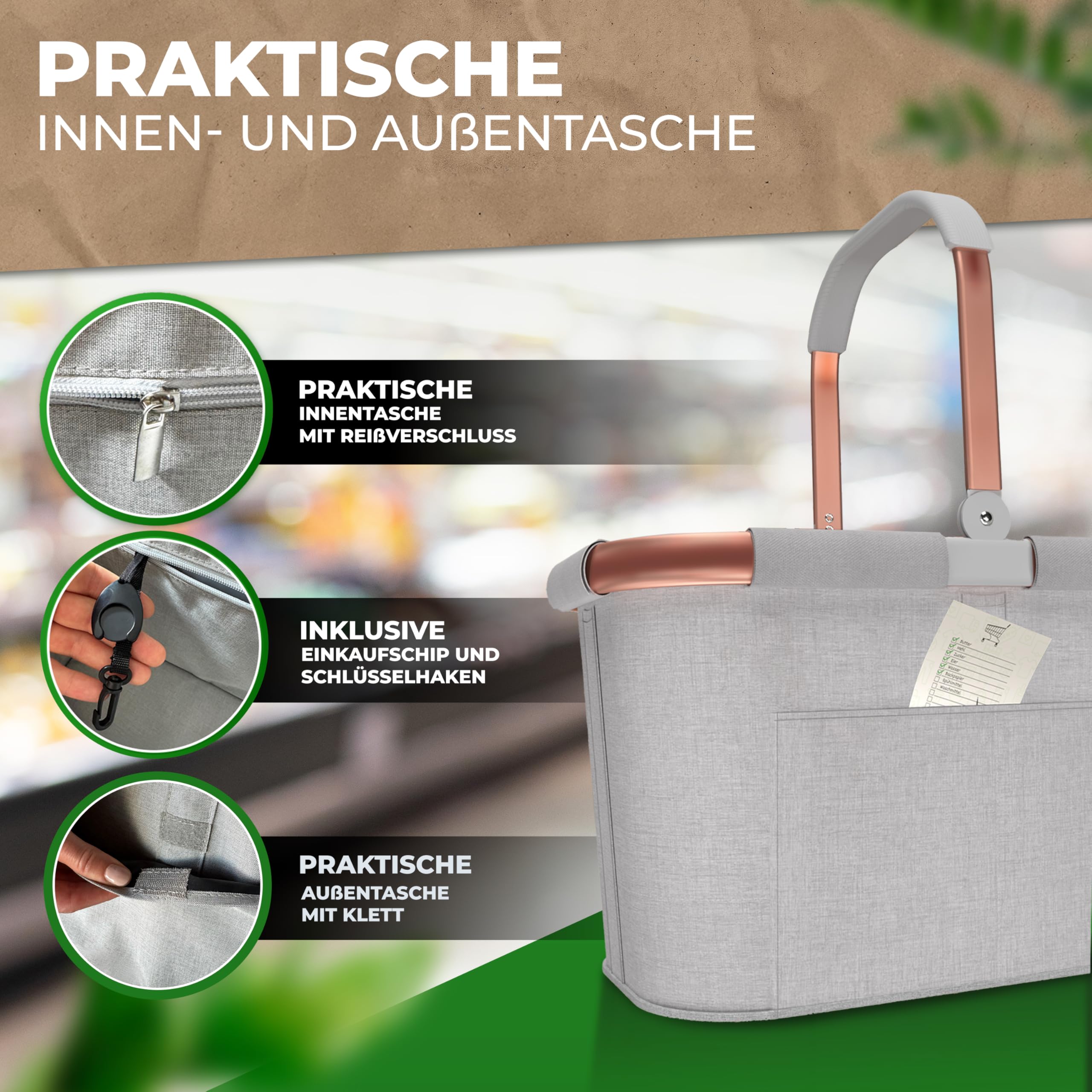 Cottara 30l stabiler Einkaufskorb groß | Tragekorb mit Henkel und verstärktem Boden, Frontfach und Innentasche mit Reißverschluss | Ideal als Einkaufstasche, Picknickkorb oder Shopper (Hellgrau Rose)