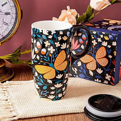 Miniatura 6 de DUSVALLY Taza de café de cerámica de 17 onzas, bonita taza de porcelana con asa y caja, azul
