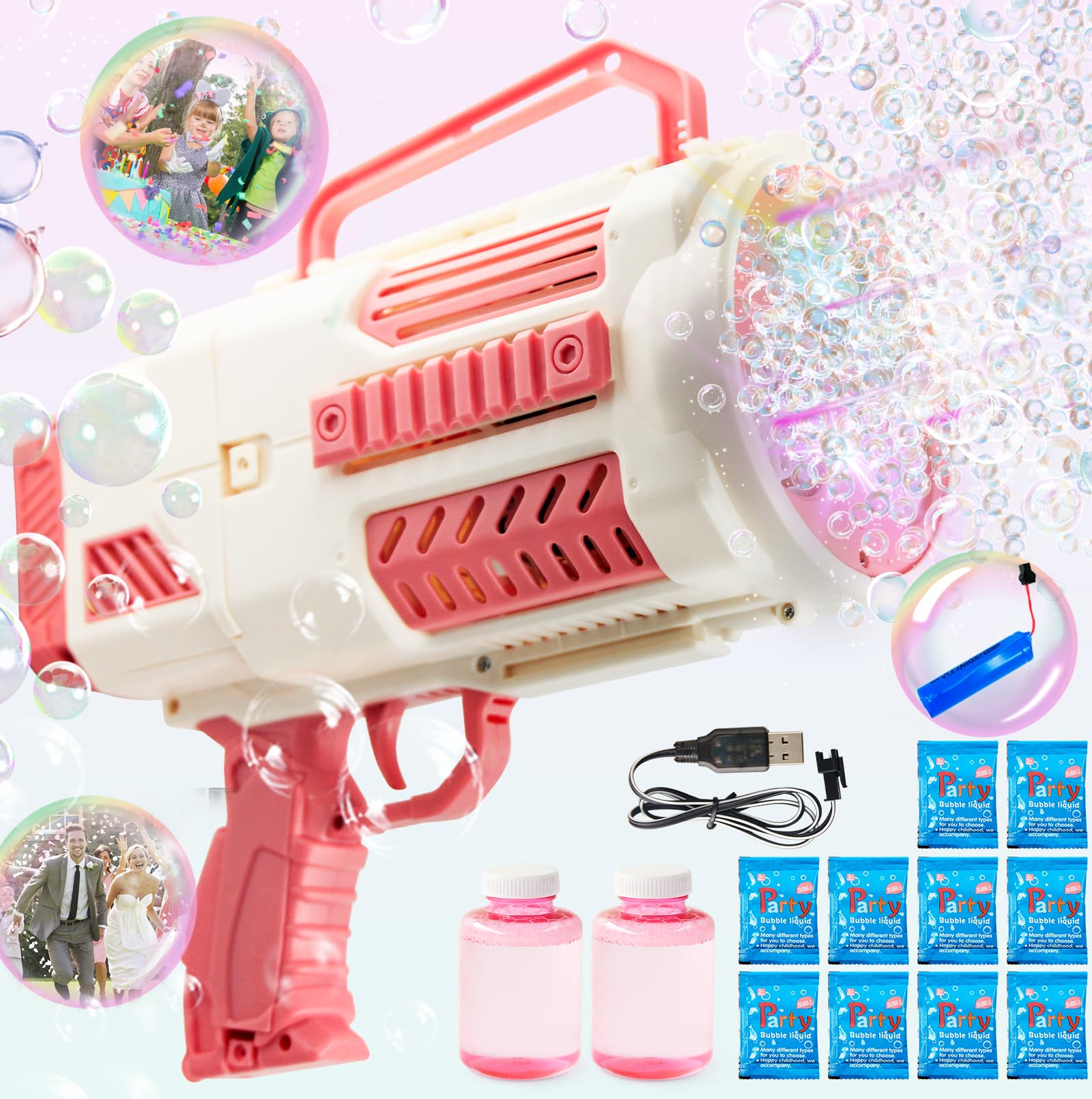 Continuous Bubble Gun Kids Toy, Automatic Rechargeable Bubble Maker with Colorful Light, 10000+ Bubbles/min, Electric Bubble Blower for Halloween Christmas Wedding Party Birthday Gift for Boys Girls