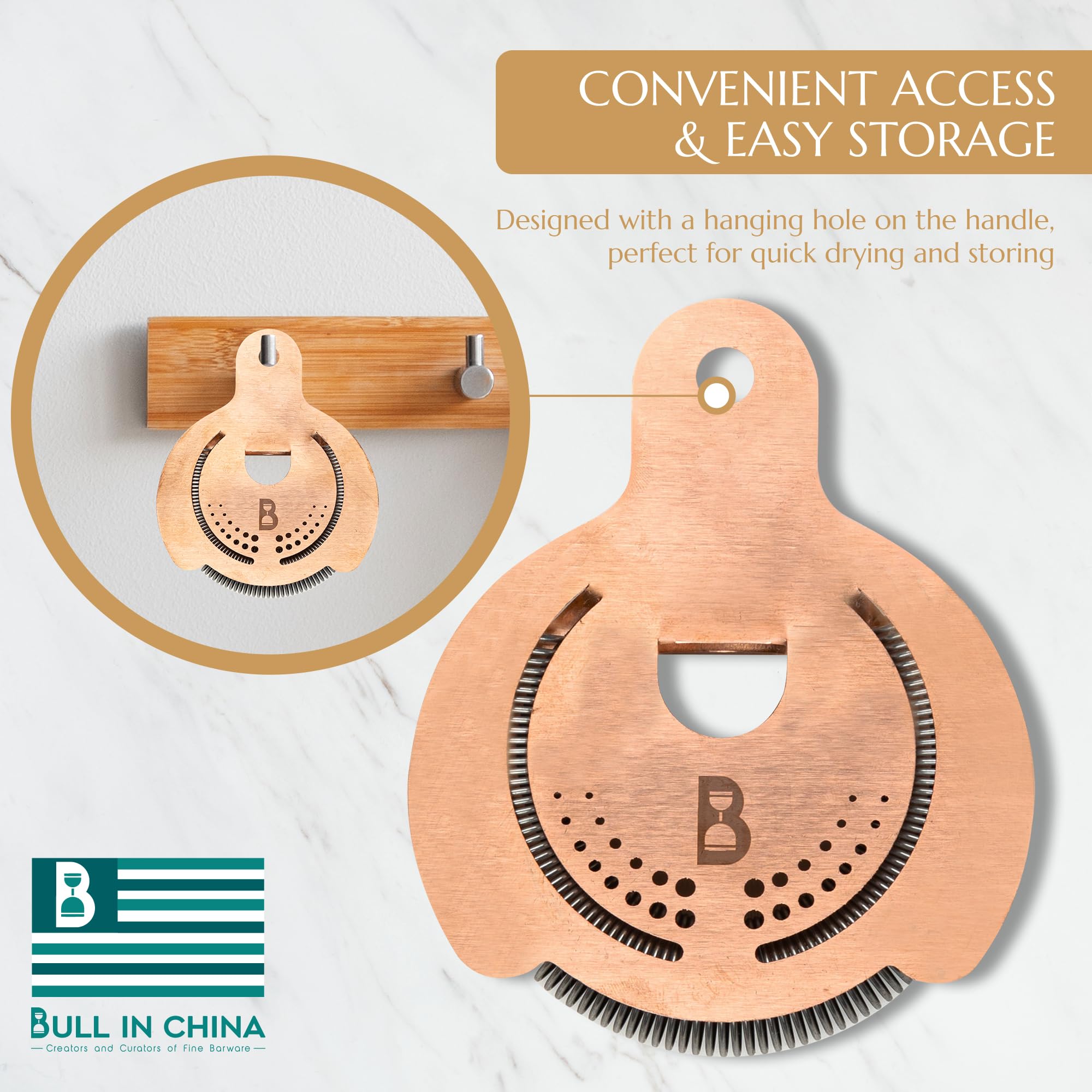 Bull in China Hawthorne Colador, hecho en Estados Unidos, colador de cóctel, colador de bar, herramientas profesionales de bar, ideal para todas las cocteleras (cobre sólido)