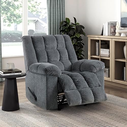 Lexicon Chenille Rocker Reclining Chair for Adults, Rocker Pull Handle Recliner, Nursery Chair for Living Room/Bedroom, High Back, Pillow Top Arms, High Density Foam Cushions, Grey