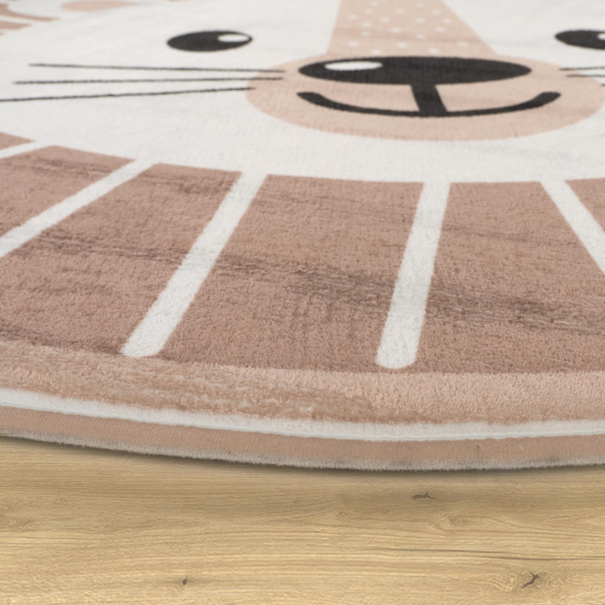 Paco Home Kinderteppich Teppich Kinderzimmer Rund Spielmatte Babymatte rutschfest Modern Mond Koala Löwenkopf, Grösse:150 cm Rund, Farbe:Beige