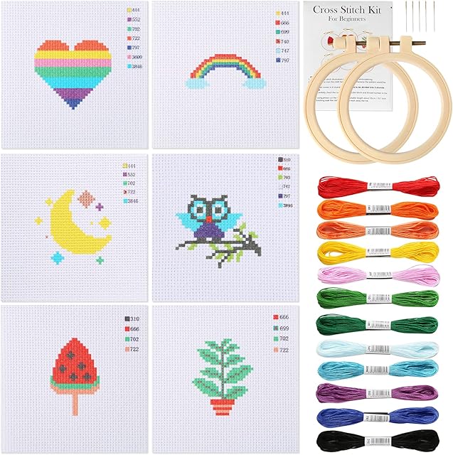 Pllieay Cross Stitch Beginner Kit for Kids 7-13, Includes 6 Project Patterned and 2pcs Embroidery Hoops, 12 Skeins, Needle Point Starter Kit Sewing Set with Instructions