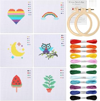 Pllieay Cross Stitch Beginner Kit for Kids 7-13, Includes 6pcs Project Cross Stitch Pattern and 2pcs Hoops, 12 Skeins, Needle Point Starter Kit Sewing Set with Instructions for Christmas Gift
