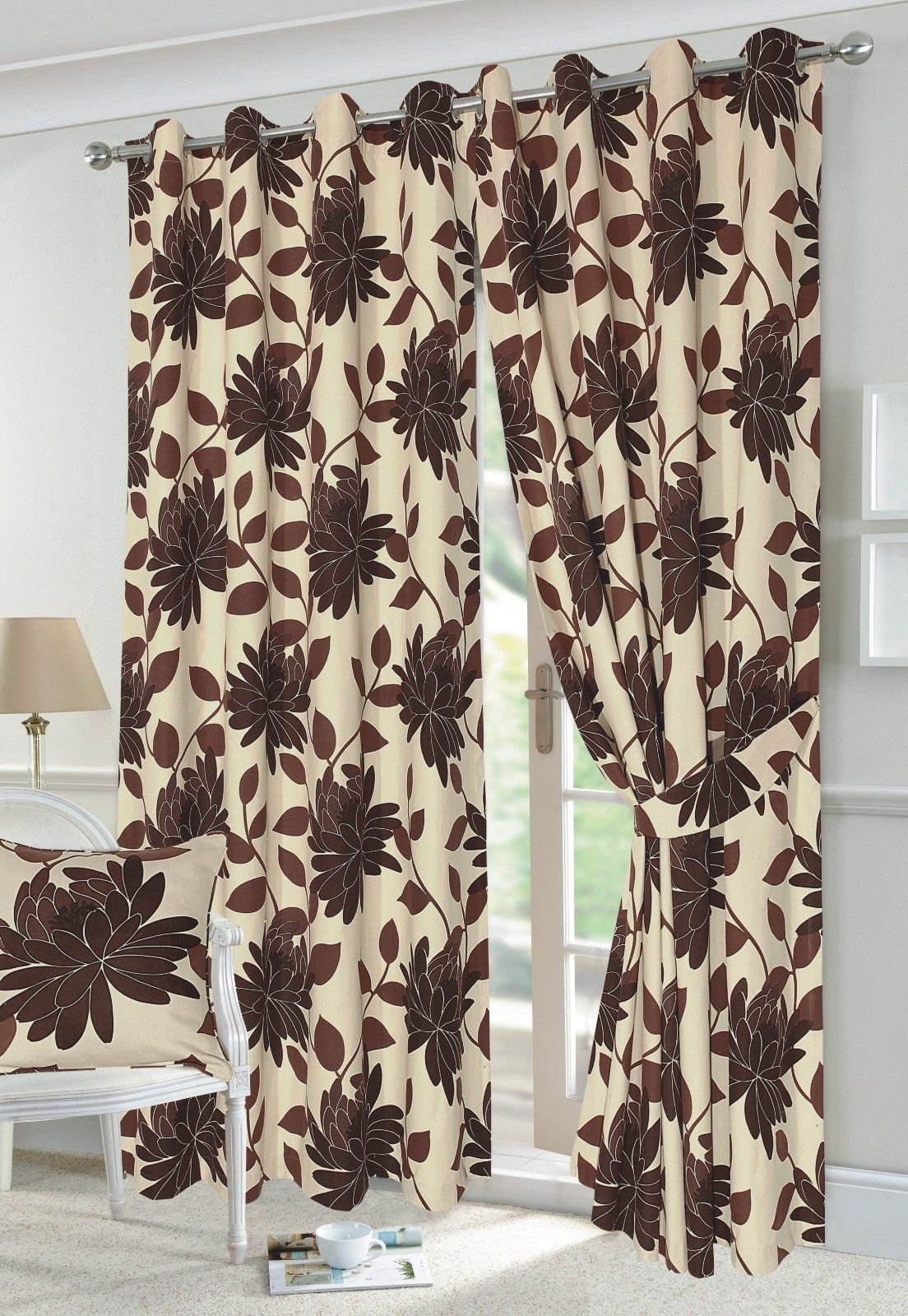 Artistic Fashionista Luxurious Quality SEREN PRISCILLA Ring Top Eyelet Curtains Fully Lined Polycotton With Tie Backs (Chocolate, 66" x 54") — image 1