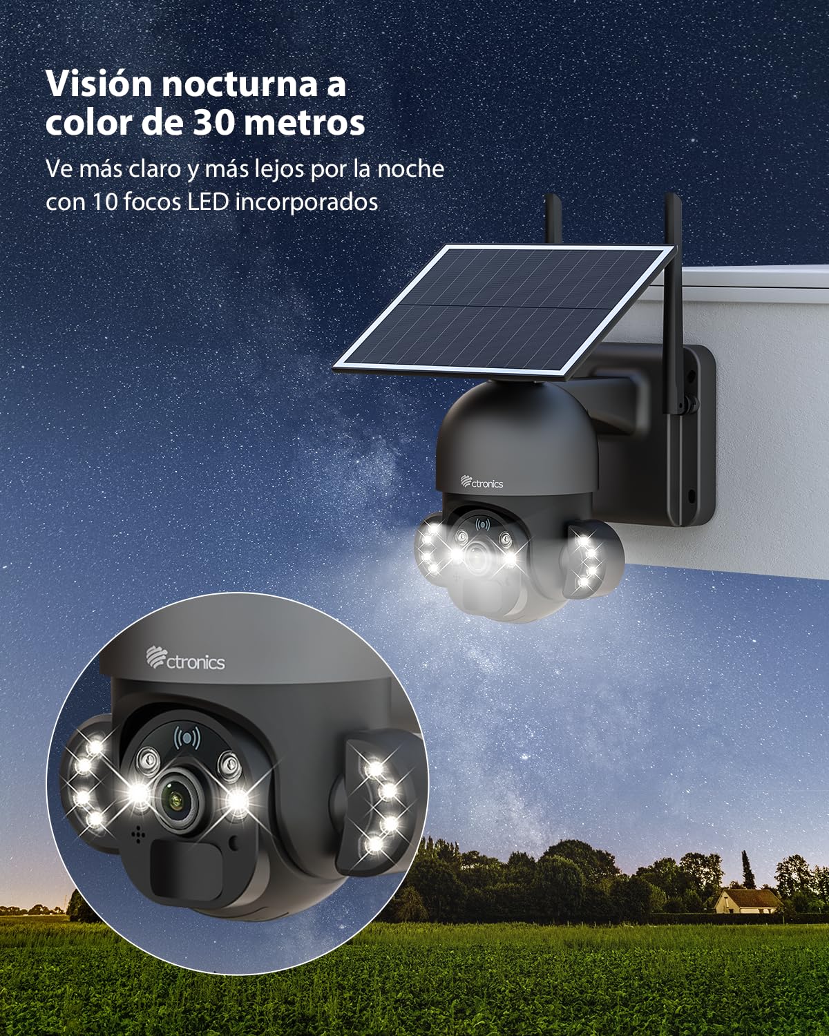 Ctronics Cámara Vigilancia Exterior con Panel Solar 6W, Cámara PTZ 3K 5MP | HD, Detección PIR y Humana, 10 Focos LED, Visión Nocturna en Color, Audio Bidireccional, FTP, Acceso Remoto por PC/Móvil