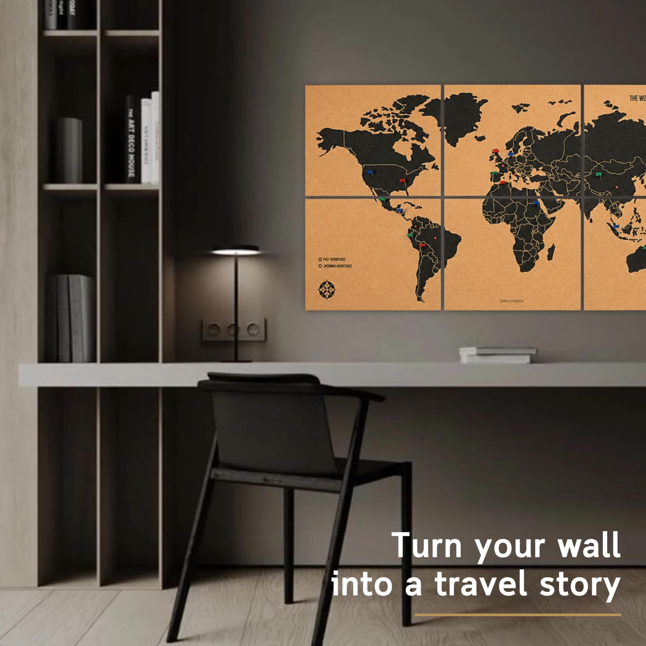 Mapa świata korek ścienny XXL 120 x 60 cm - 6 paneli samoprzylepnych - mapa do znakowania podróży pinezkami - 60 pinezek w zestawie - dekoracja domu