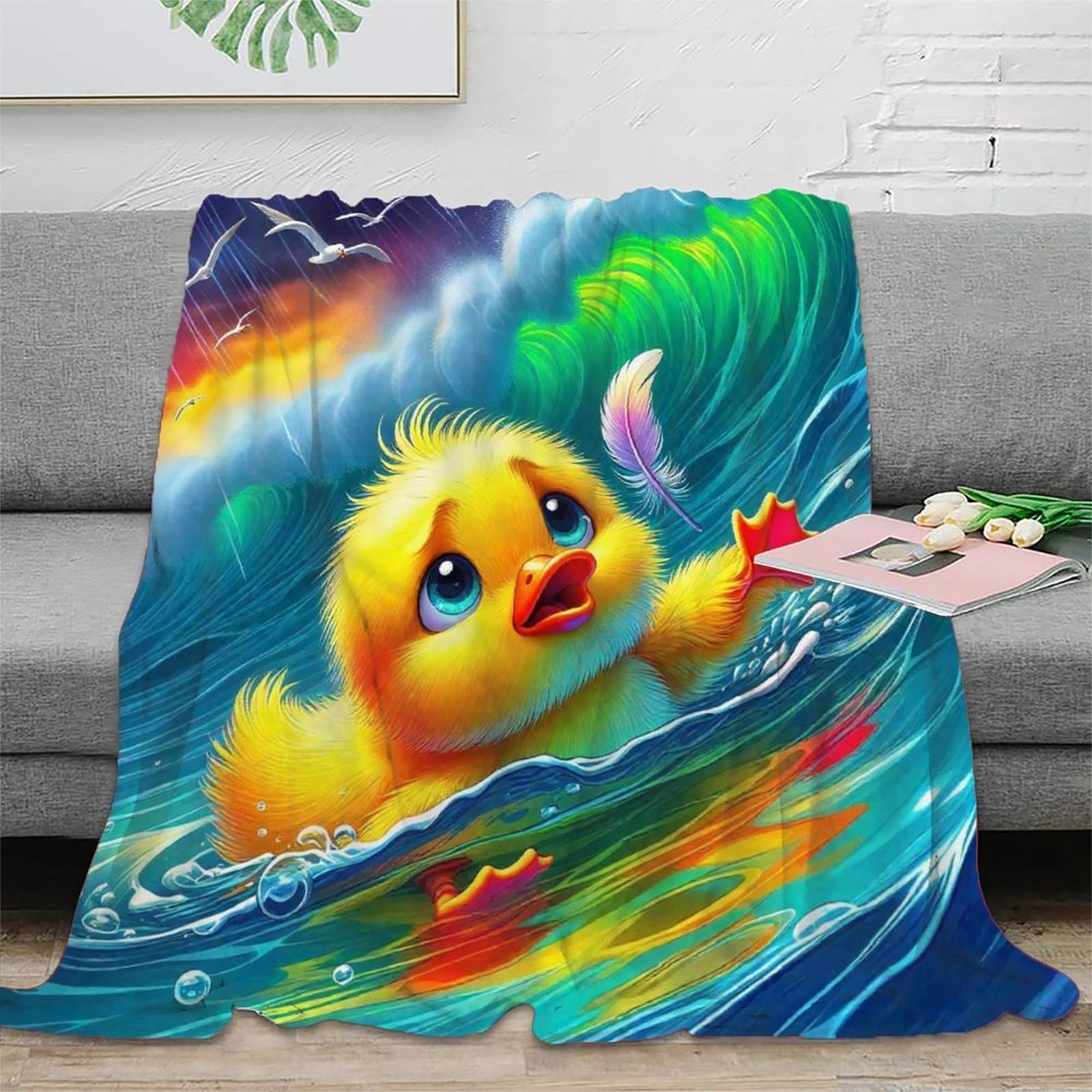 Couverture peluche canard jaune 3D microfibre chaude pour lit et canapé