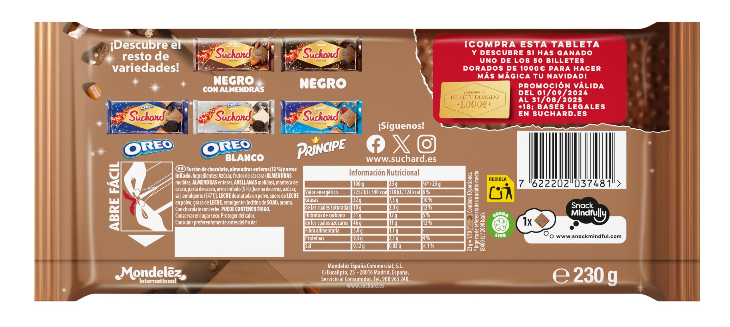 Suchard Turrón de Chocolate con Leche, Almendras Enteras y Arroz Inflado, Delicioso para Navidad - 230 g