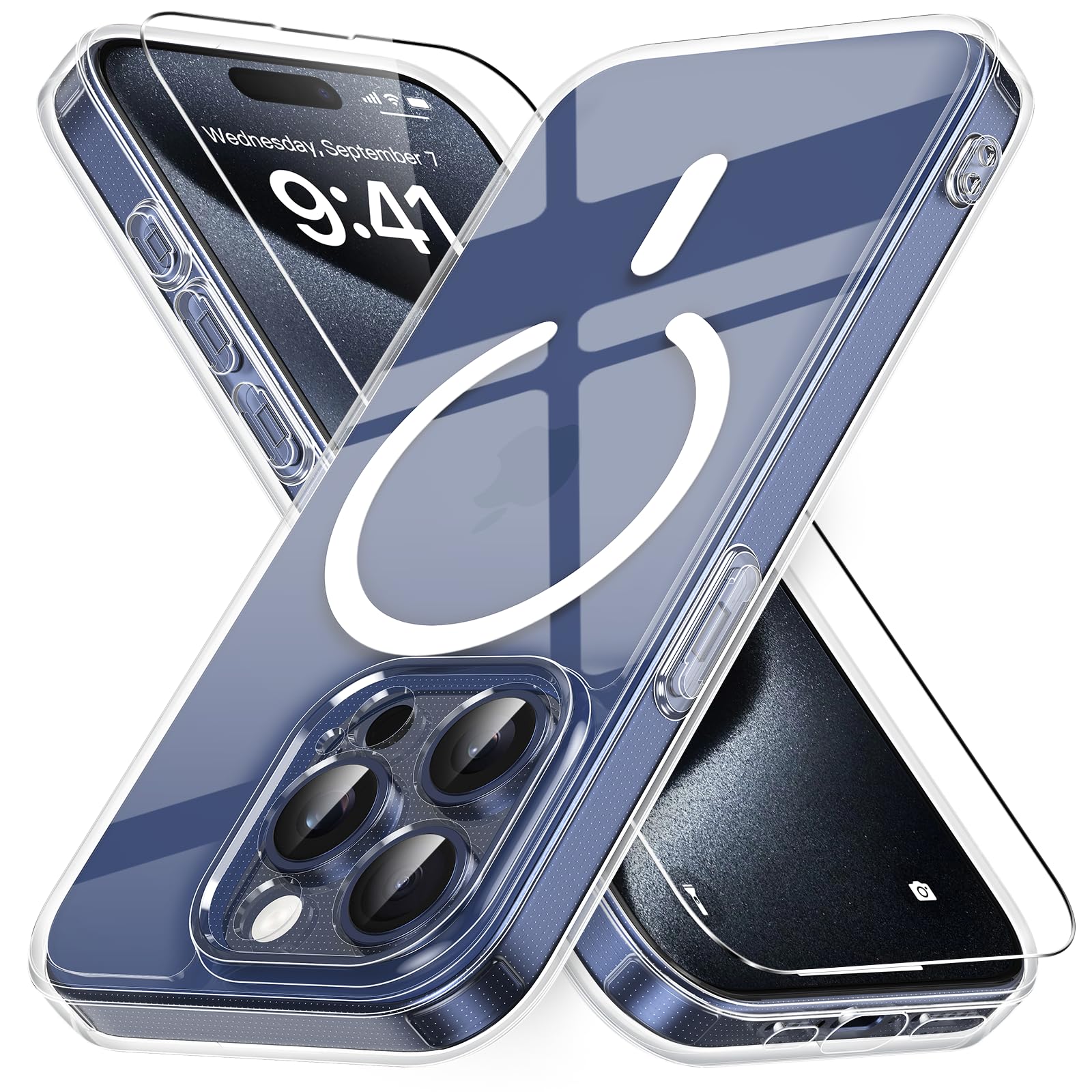 Vansdon Cover Magnetica per iPhone 15 Pro con 1 Pezzi Vetro Temperato, Compatibile con Magsafe, Protezione anticaduta di livello militare, Custodia Traslucida Opaca Sottile Antiurto-Transparent