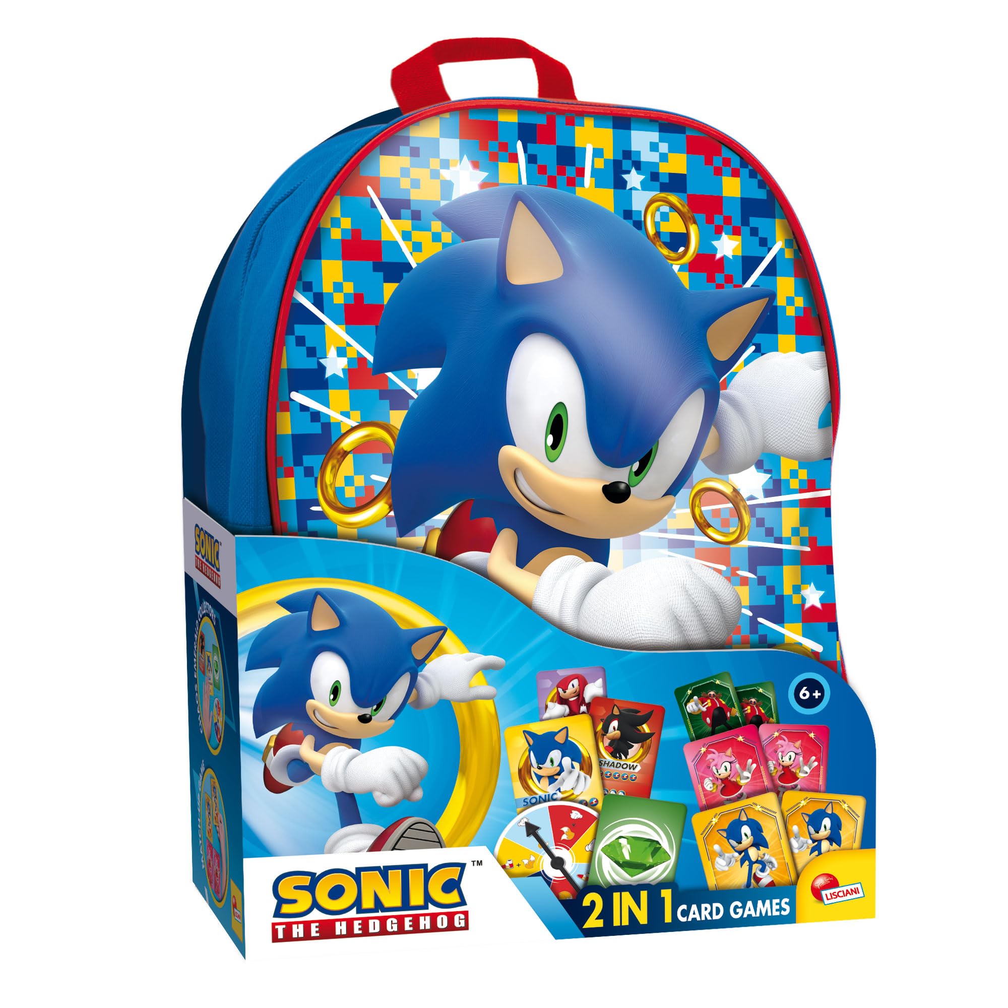 Lisciani - SONIC - Pack 2 en 1 Mochila + Juegos de Cartas - Juegos Educativos Portátiles para 2 Jugadores o Más - Juego Educativo 6 Años con Sonic para Desarrollar Lógica y Diversión en Movimiento