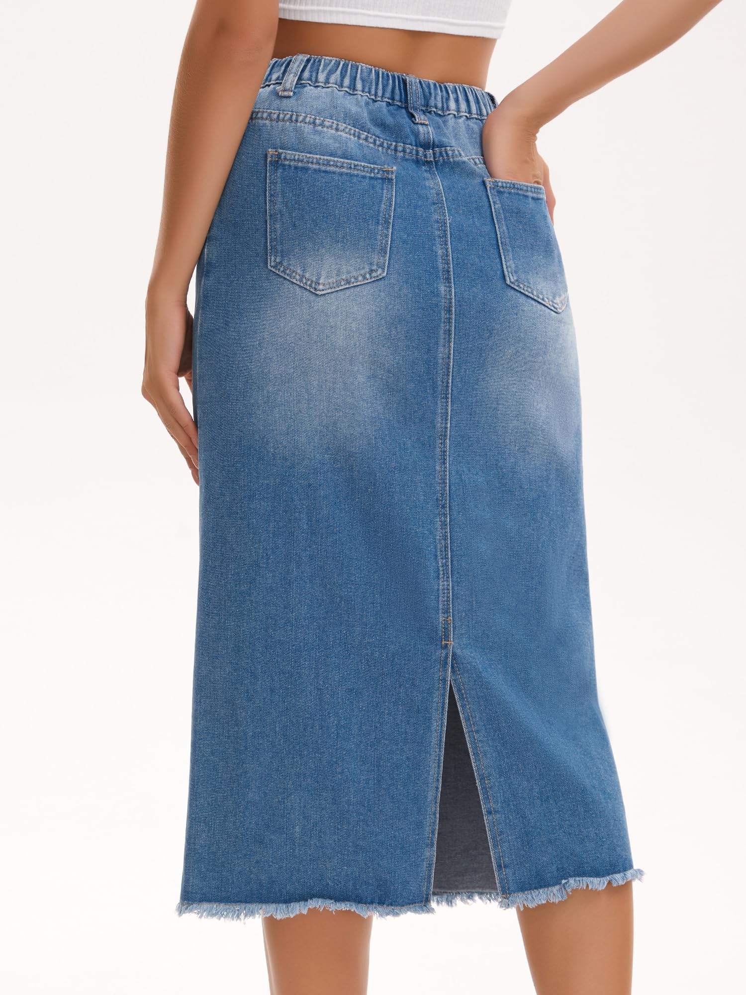 Femme Jupe Longue en Jean Taille Élastique Fente | Longueur Midi Fente Dos Taille Élastique Ourlet Effiloché Coupe Haute Poches Obliques