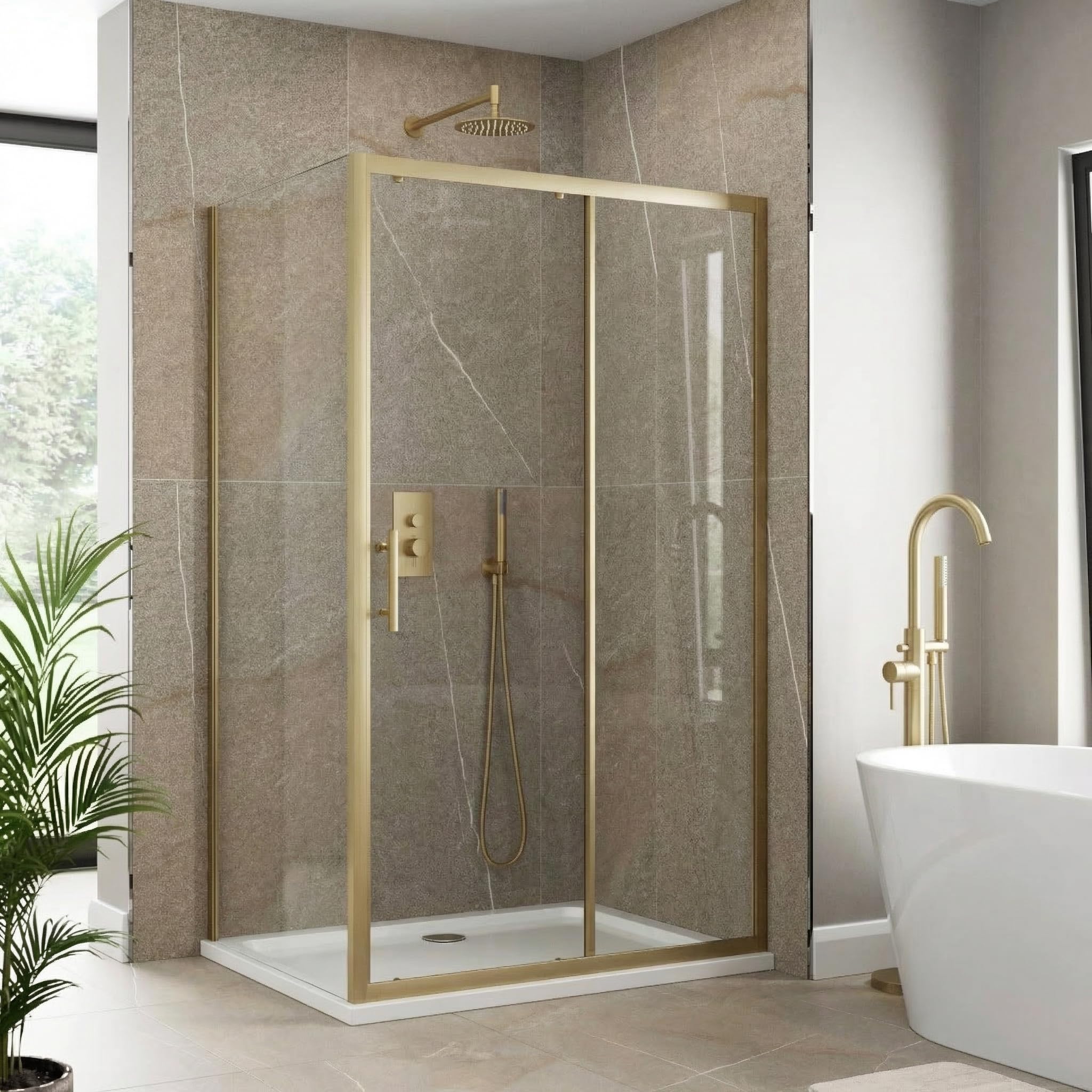 Luxura Brushed Brass Luxura® 1200 X 760Mm Sliding Shower Enclosure Door Screen For Wet Room Cubicle Enclosures, 6Mm Toughened Safety Glass, Framed, Reversible,