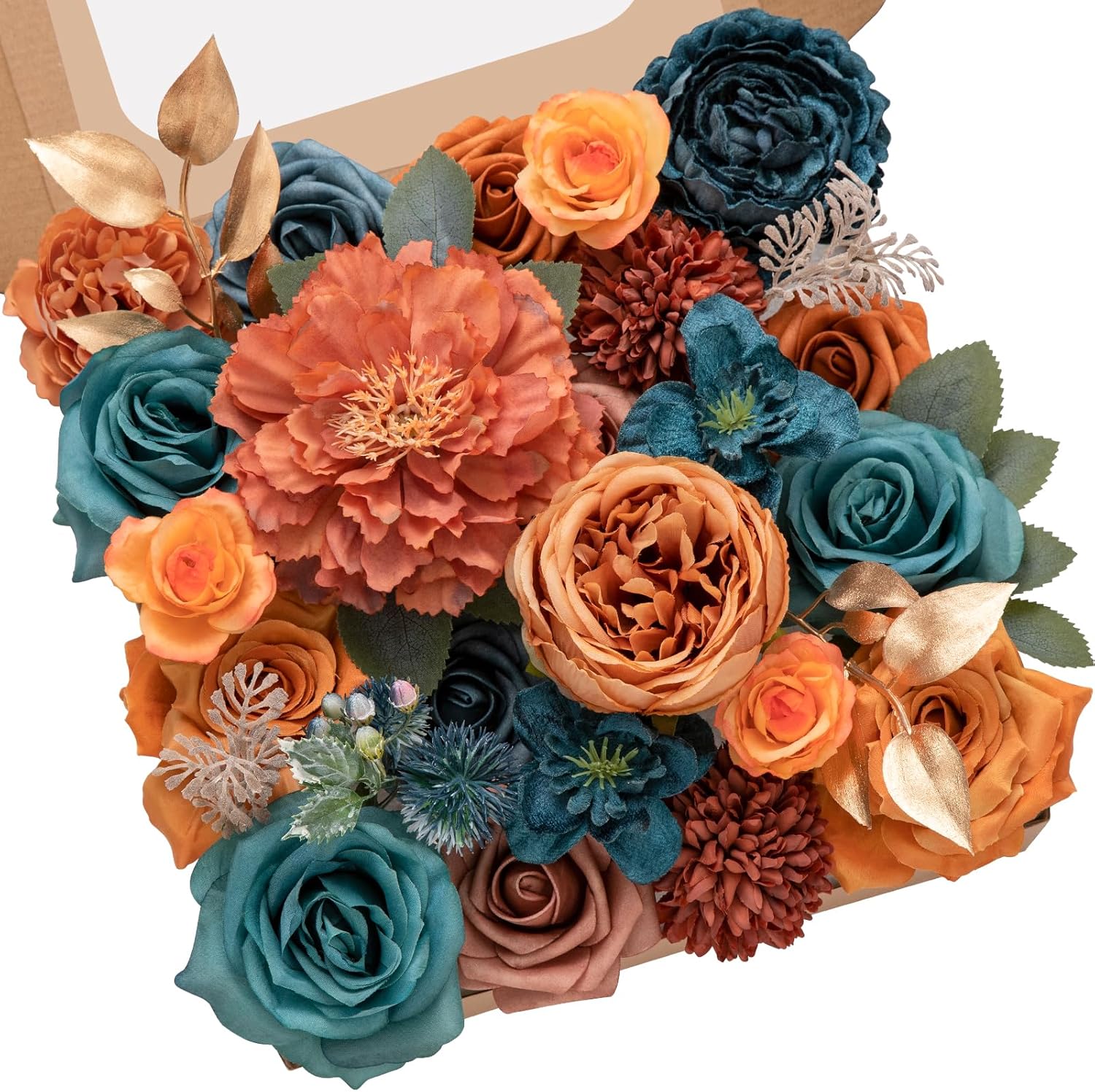 Serwalin Artificial Flowers, Teal Burnt Orange Silk Floral Centerpieces, Fake Flowers Bouquets Box Set for Wedding Bridal Baby Shower Party DIY Craft Home Cake Decoration