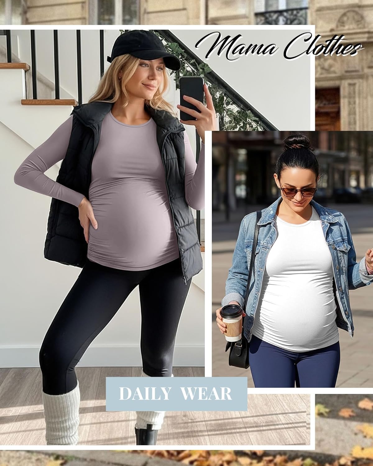 Huukeay 4 Pack Women's Maternity T Shirts, Long Sleeve Side Ruched Pregnancy Top Crew Neck Bodycon Shirts Casual Mama Clothes - Image 4